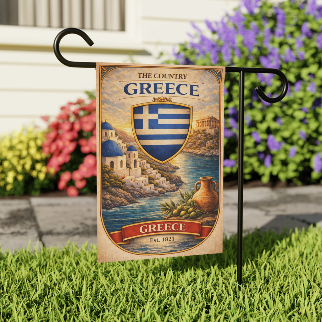 Greece Coastal Crest garden flag | Greece house banner, Mediterranean village design