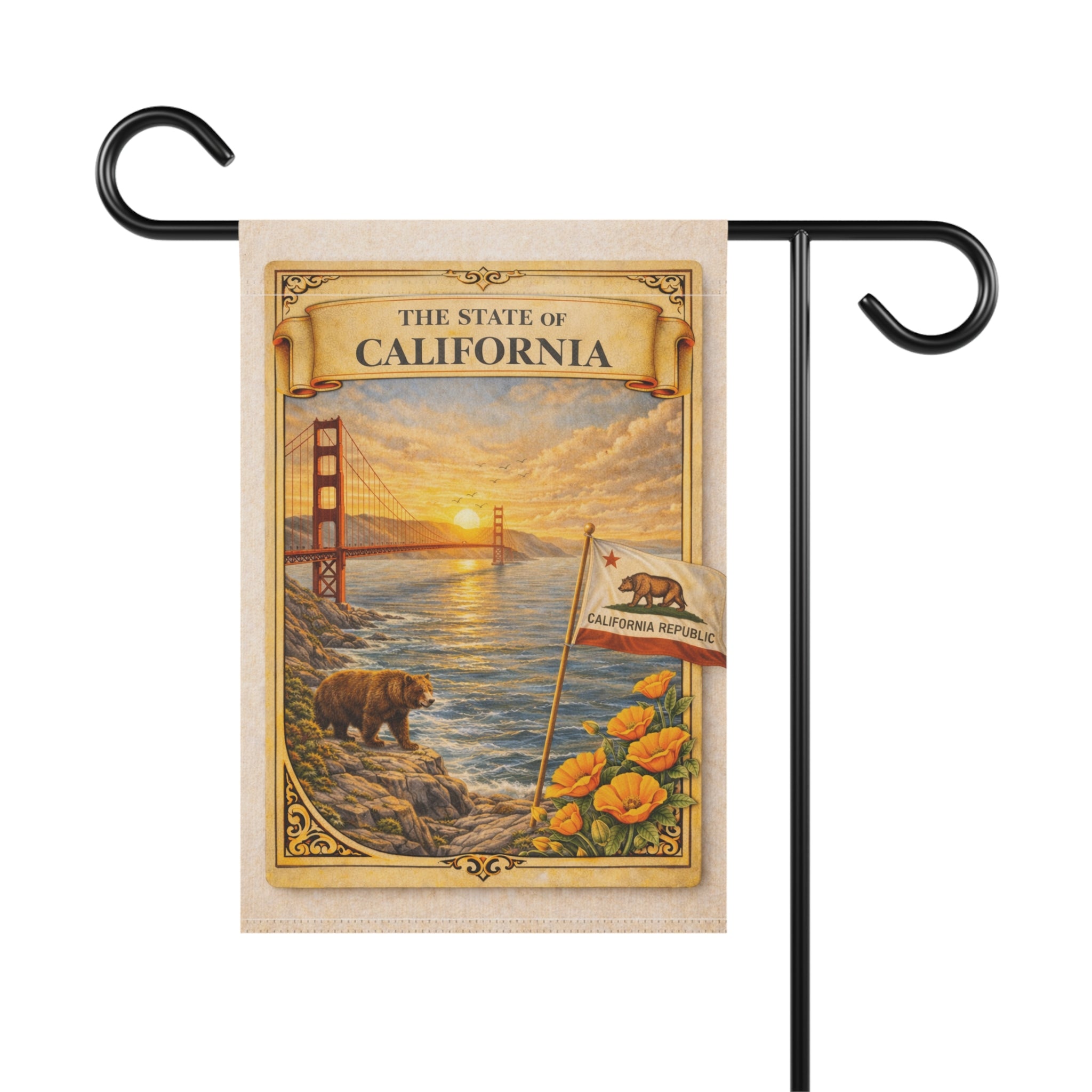 California State Scenic Poster Garden Flag | House Banner, Golden Gate, Bear & Poppies