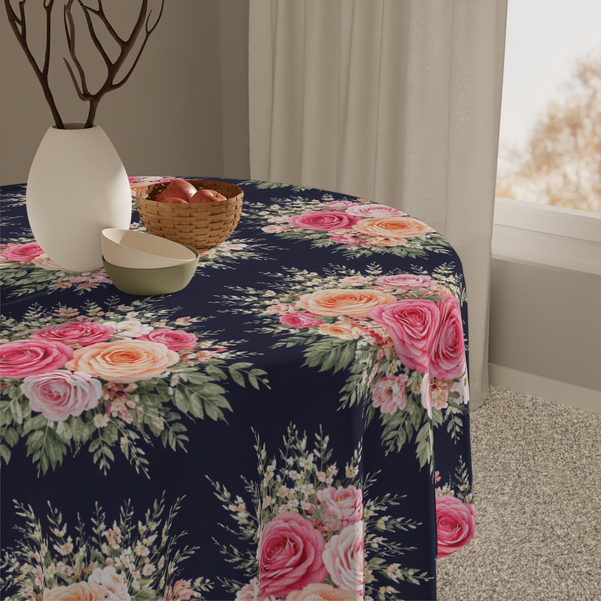 Vintage Rose Bouquet Tablecloth | Floral Table Linen, Navy Background