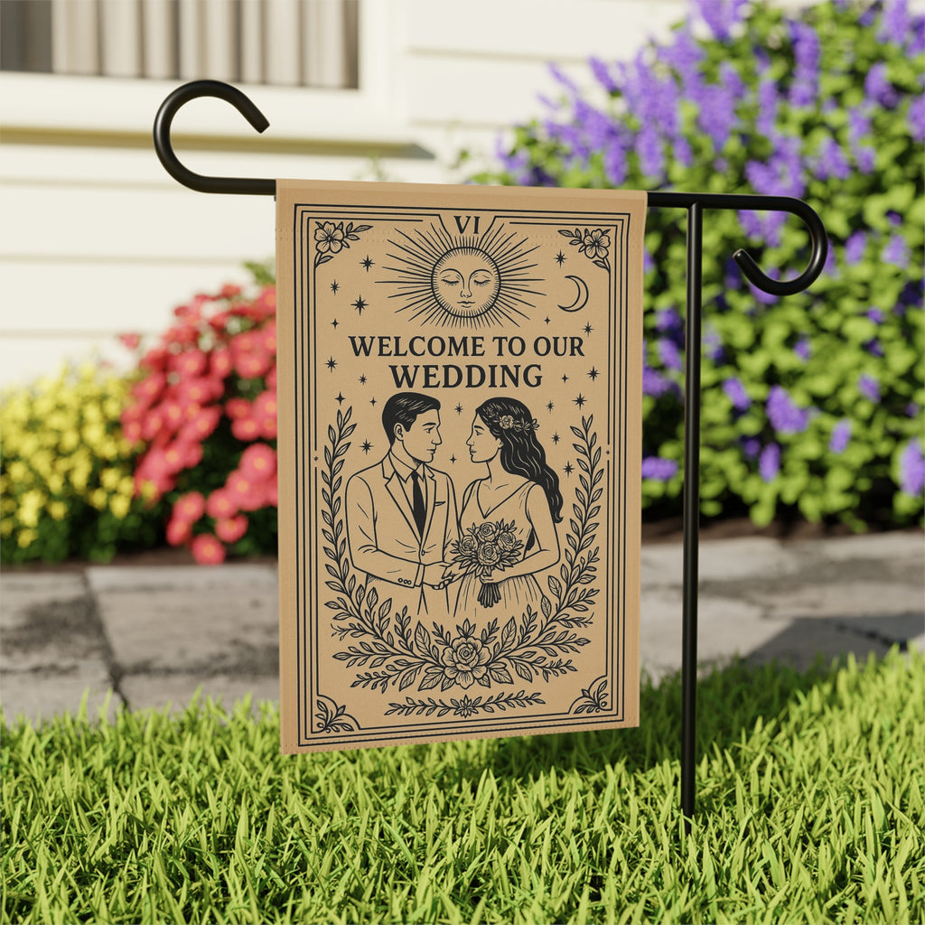 Tarot Style Bride & Groom Garden Flag | Welcome to Our Wedding Banner