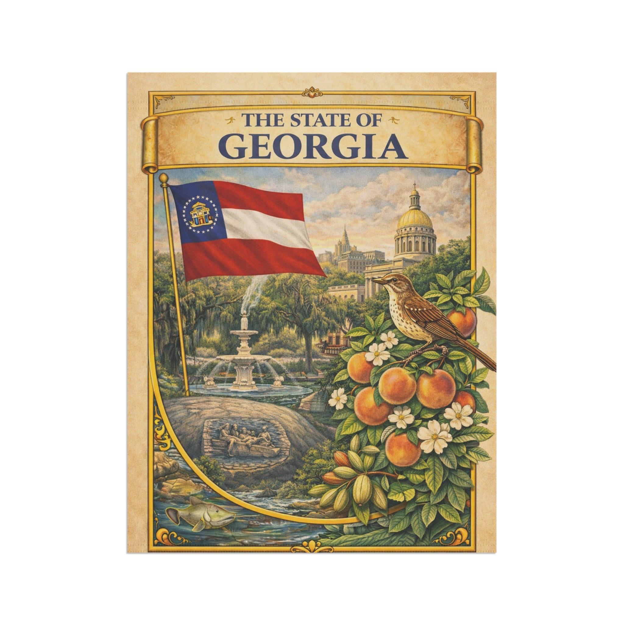 The State of Georgia Vintage Flag Garden & House Banner | Peach, Capitol, Mockingbird