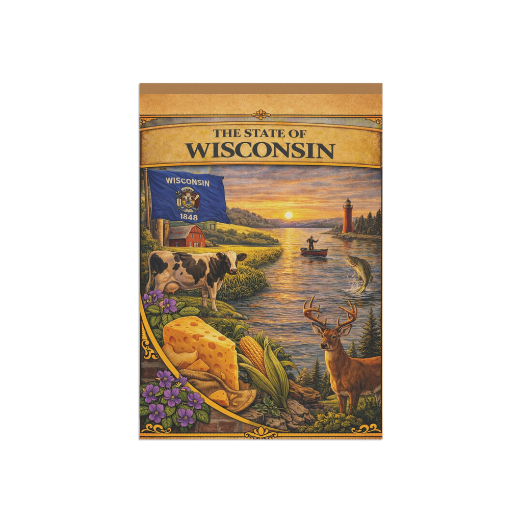 The State of Wisconsin Garden Banner | Flag, Lake Scene, Cow & Deer