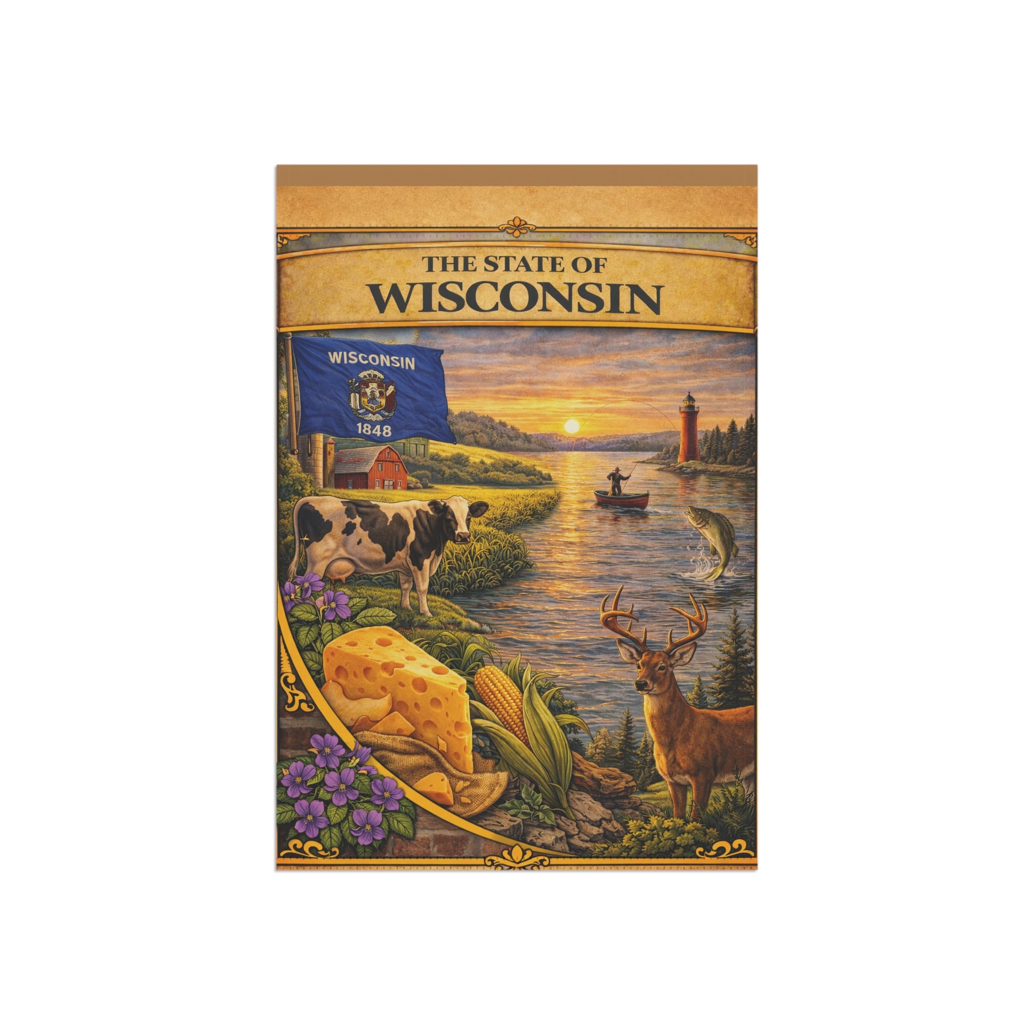 The State of Wisconsin Garden Banner | Flag, Lake Scene, Cow & Deer