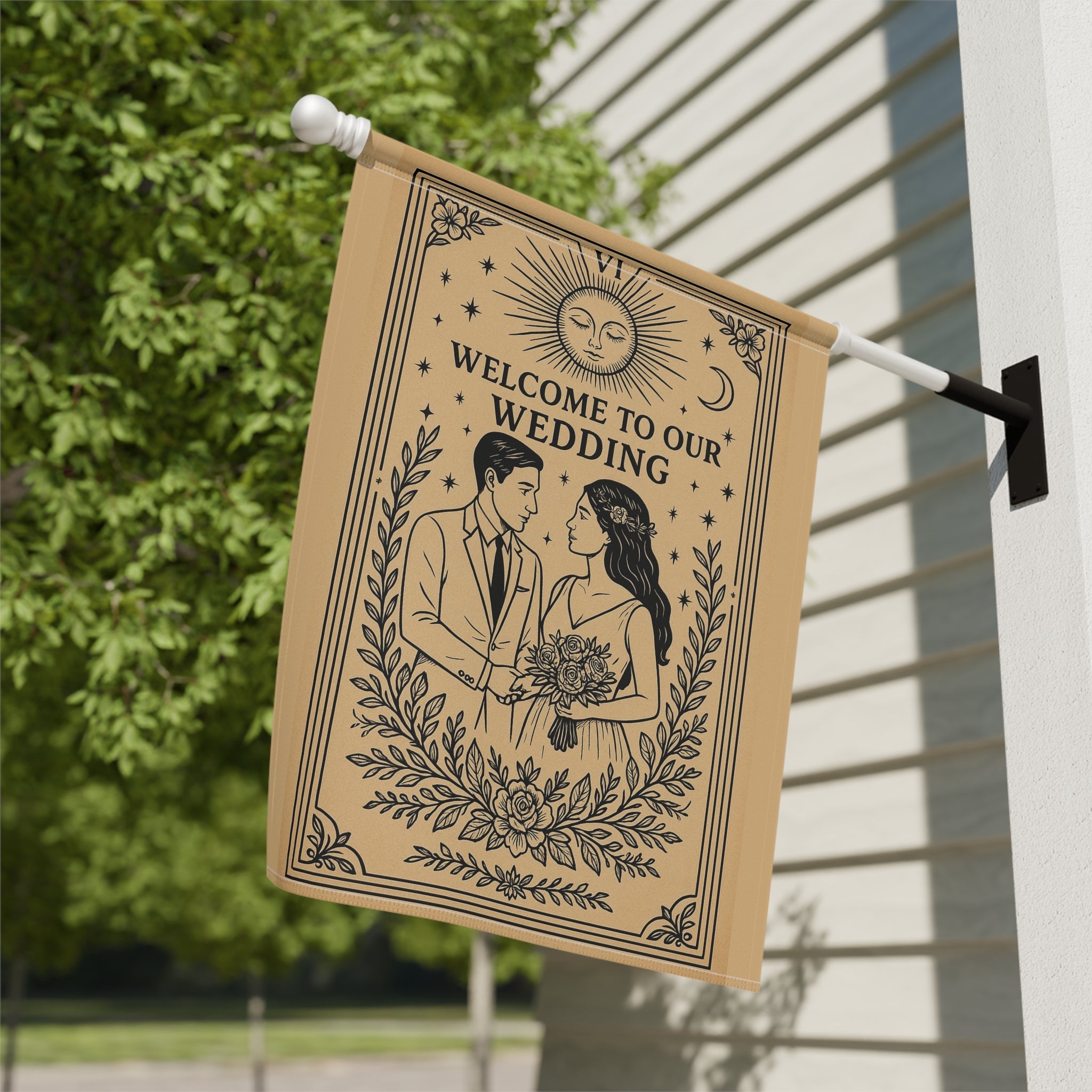Tarot Style Bride & Groom Garden Flag | Welcome to Our Wedding Banner