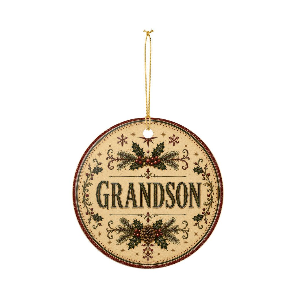 Grandson Christmas Ornament round ceramic ornament | vintage holly pinecone design