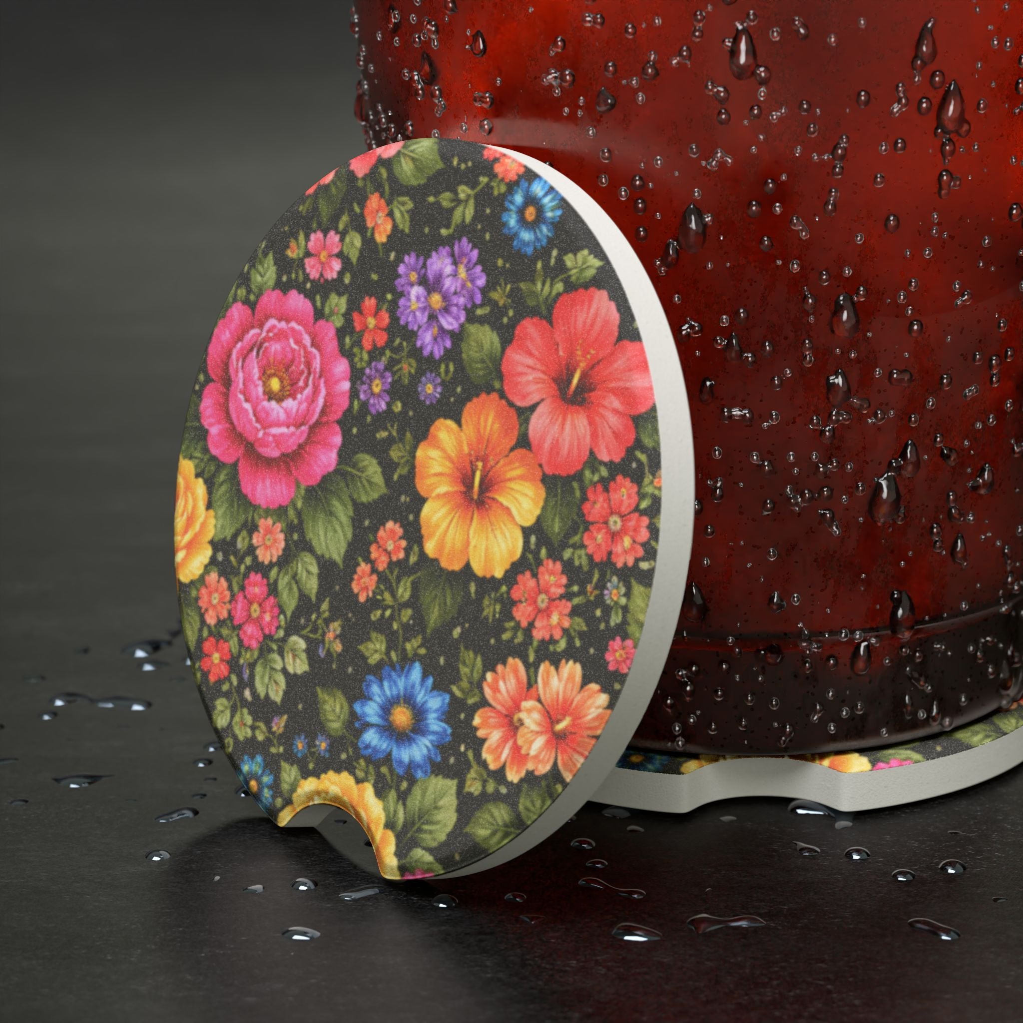 Vintage Floral Soapstone Car Coaster | Colorful Garden Flowers