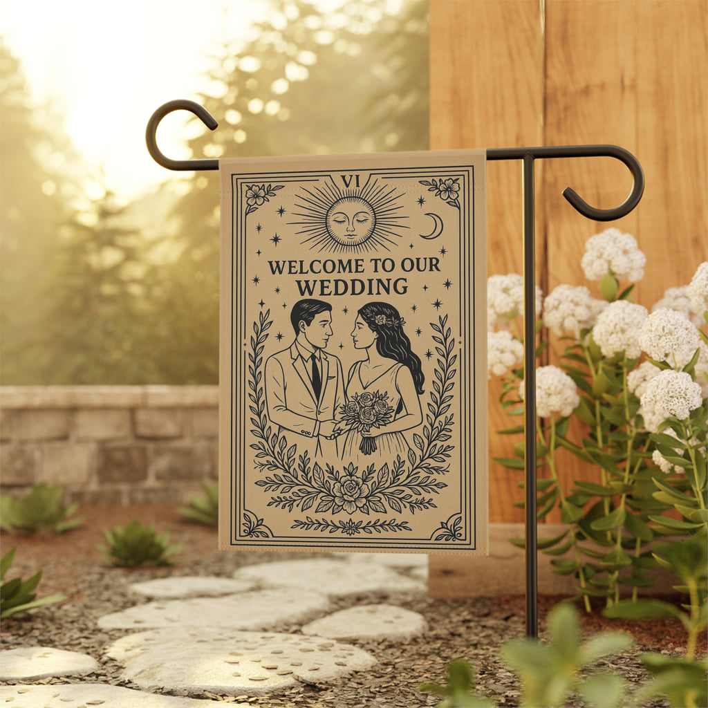 Tarot Style Bride & Groom Garden Flag | Welcome to Our Wedding Banner