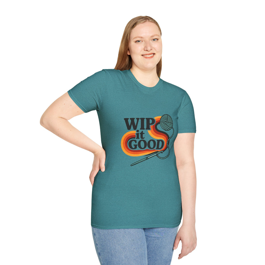 Wip It Good funny knitting design T-Shirt | yarn ball and crochet hook