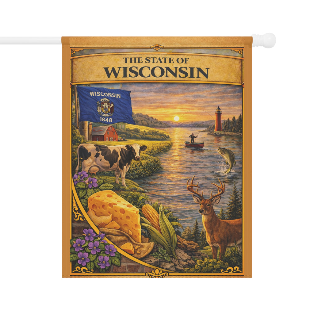 The State of Wisconsin Garden Banner | Flag, Lake Scene, Cow & Deer