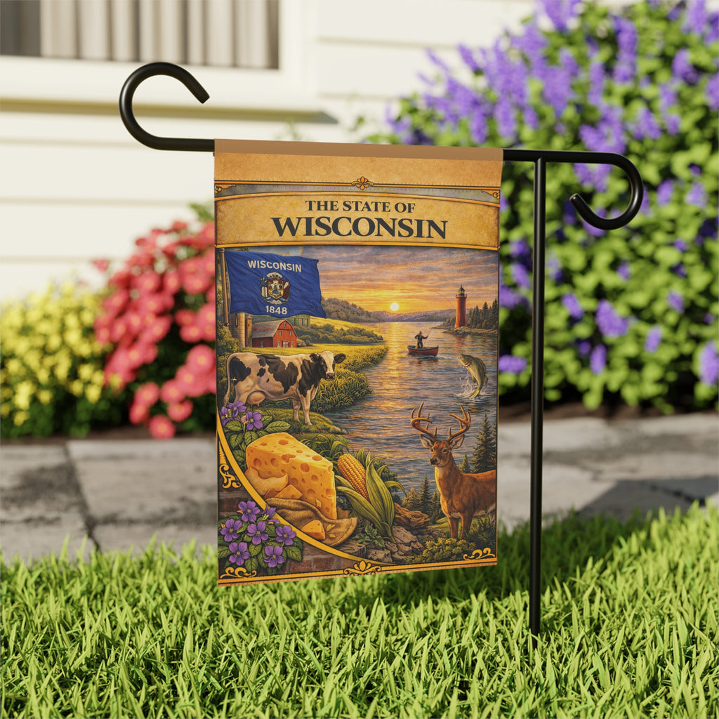 The State of Wisconsin Garden Banner | Flag, Lake Scene, Cow & Deer