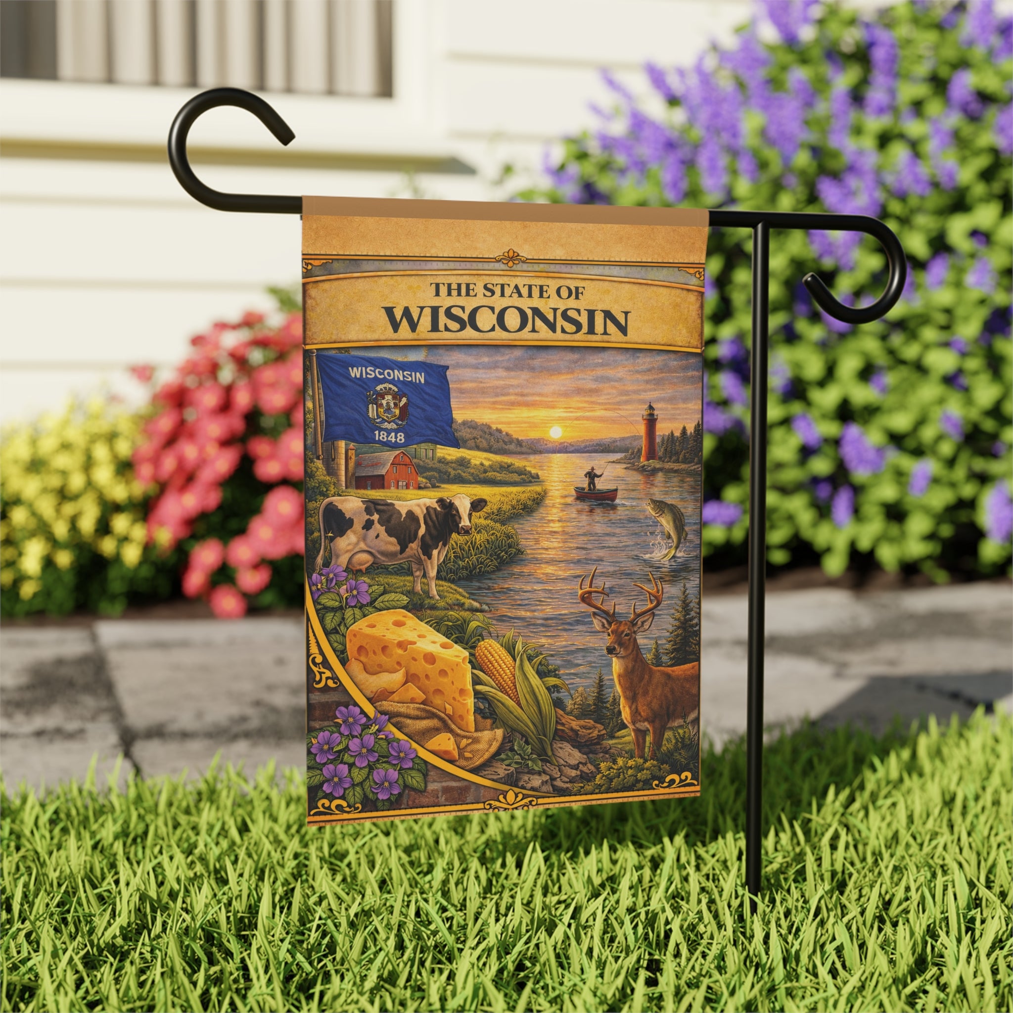 The State of Wisconsin Garden Banner | Flag, Lake Scene, Cow & Deer