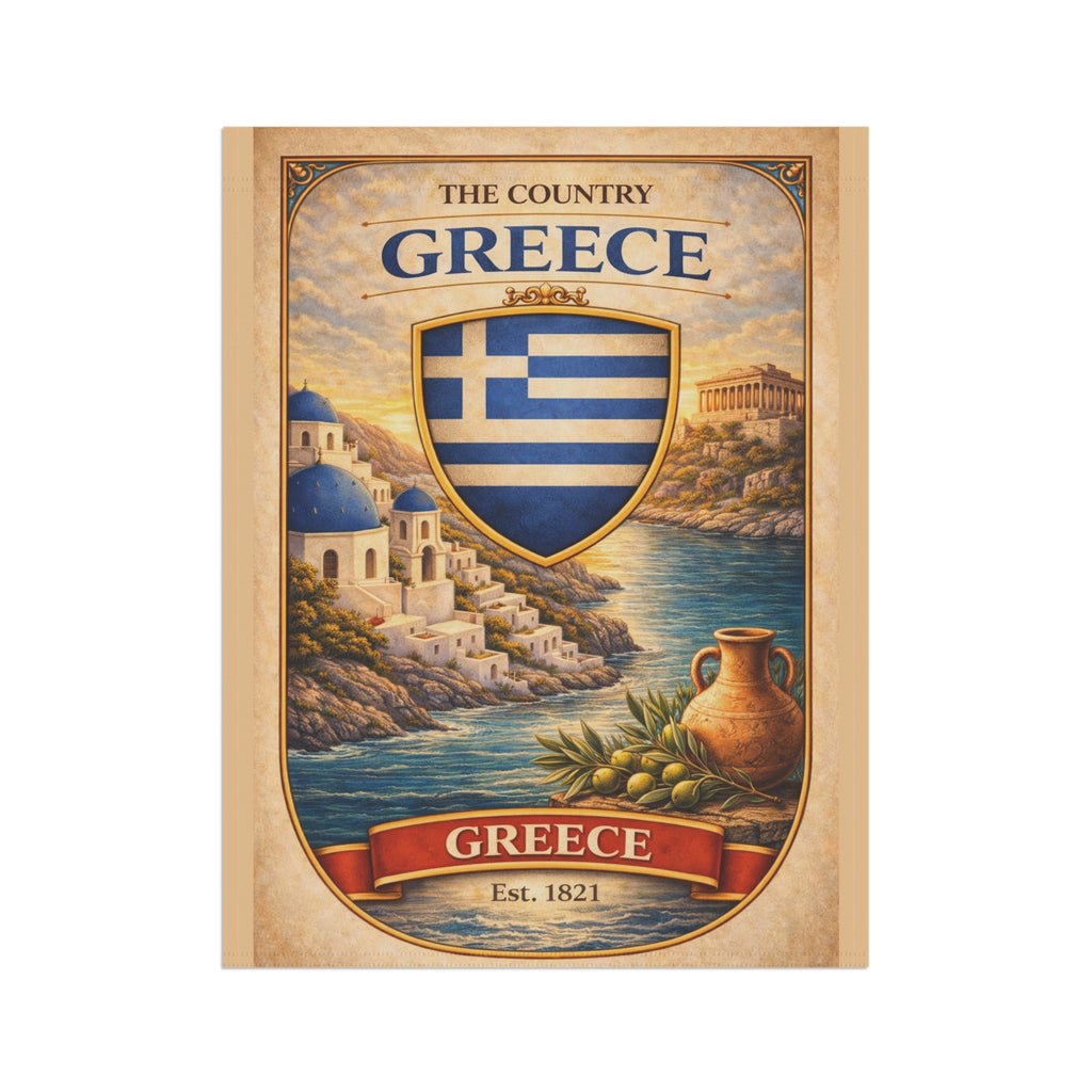 Greece Coastal Crest garden flag | Greece house banner, Mediterranean village design