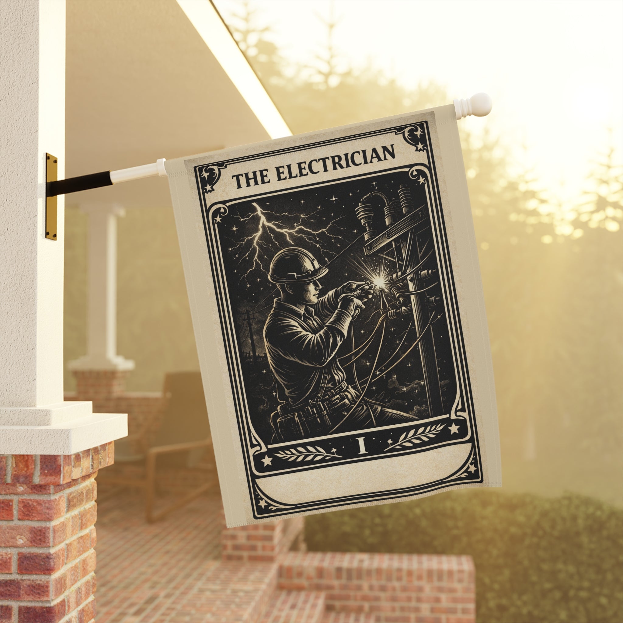 The Electrician tarot-style Garden Banner | Vintage lineman illustration