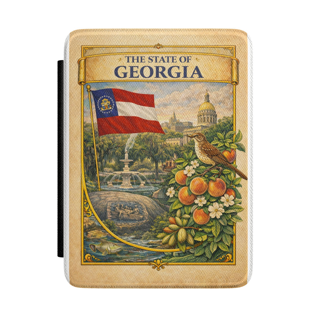 The State of Georgia vintage postcard Kindle Case | Georgia flag, peaches, state capitol