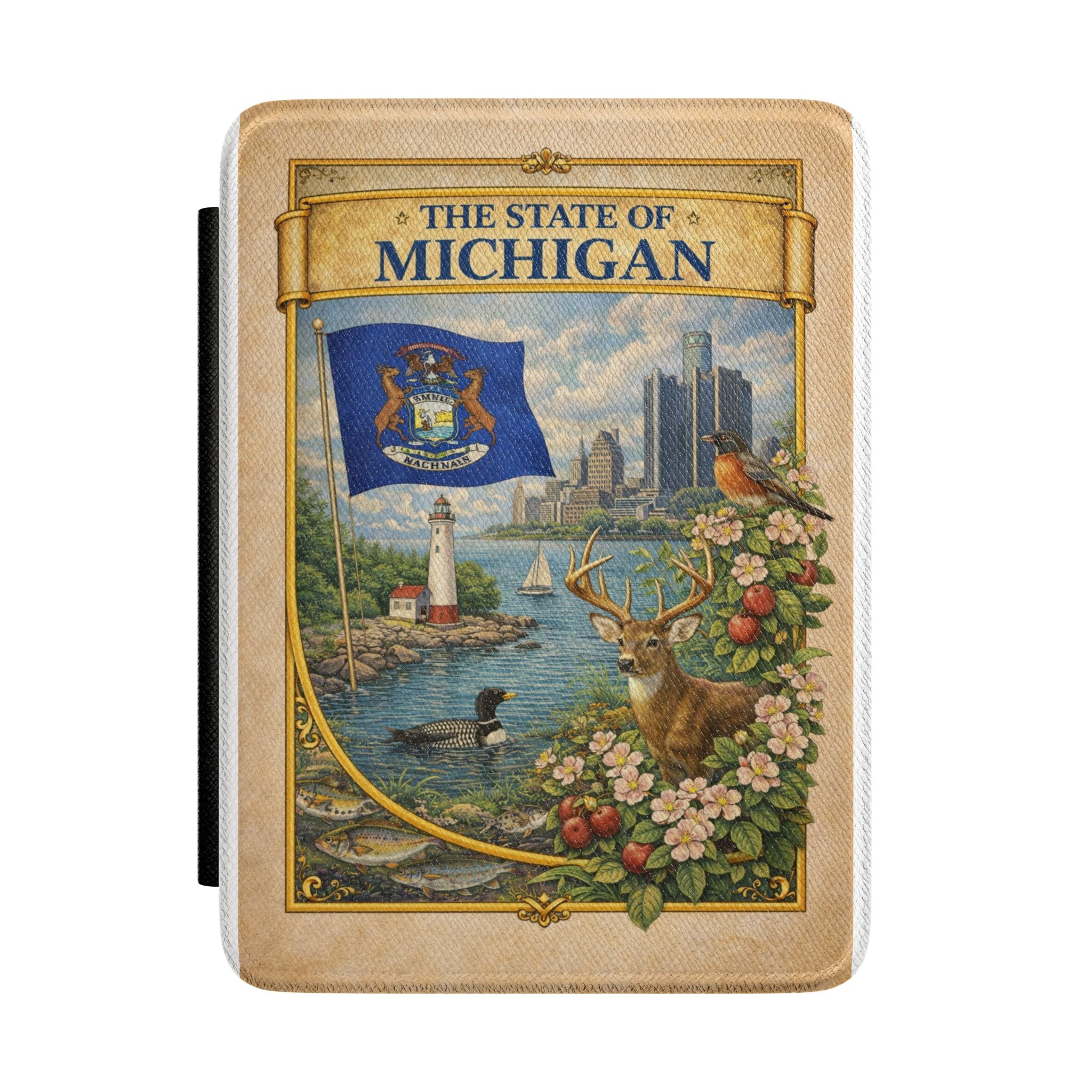 The State of Michigan vintage collage Kindle Case | Michigan skyline, lighthouse, deer