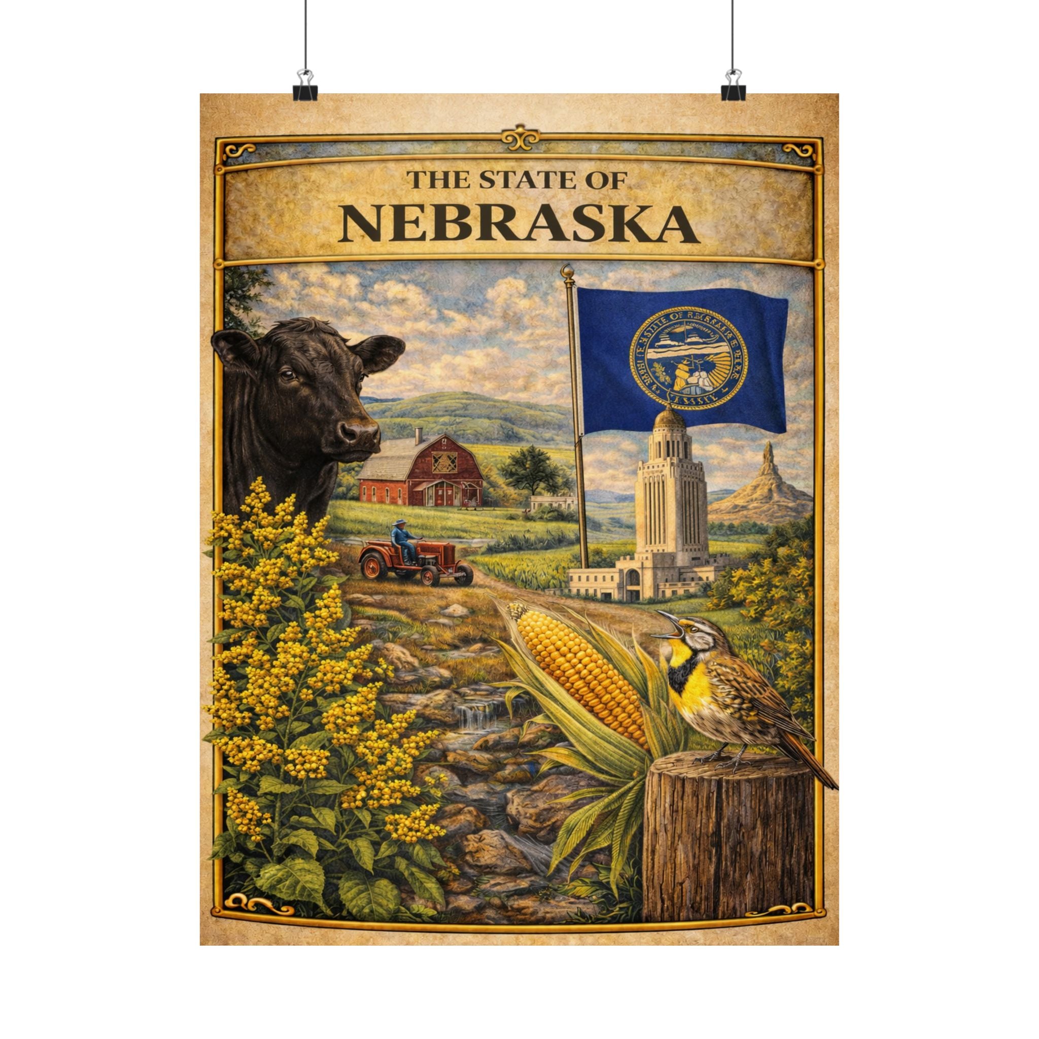 Nebraska State Vintage Illustration Matte Poster | State Flag, Corn & Prairie