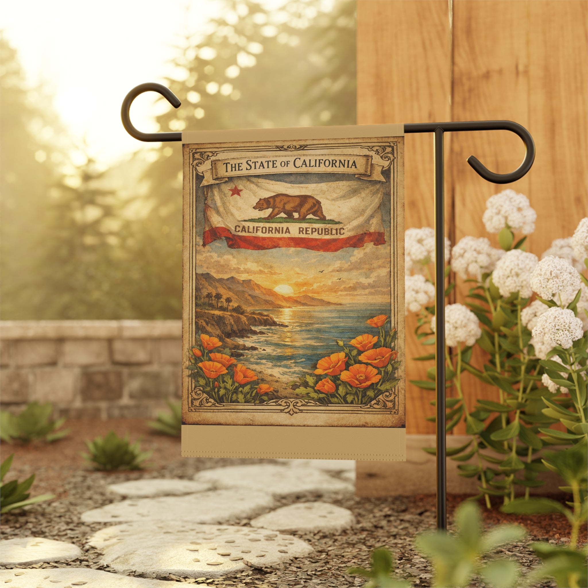 California Republic Sunset Poppy Garden Banner | California Flag Landscape Garden Banner