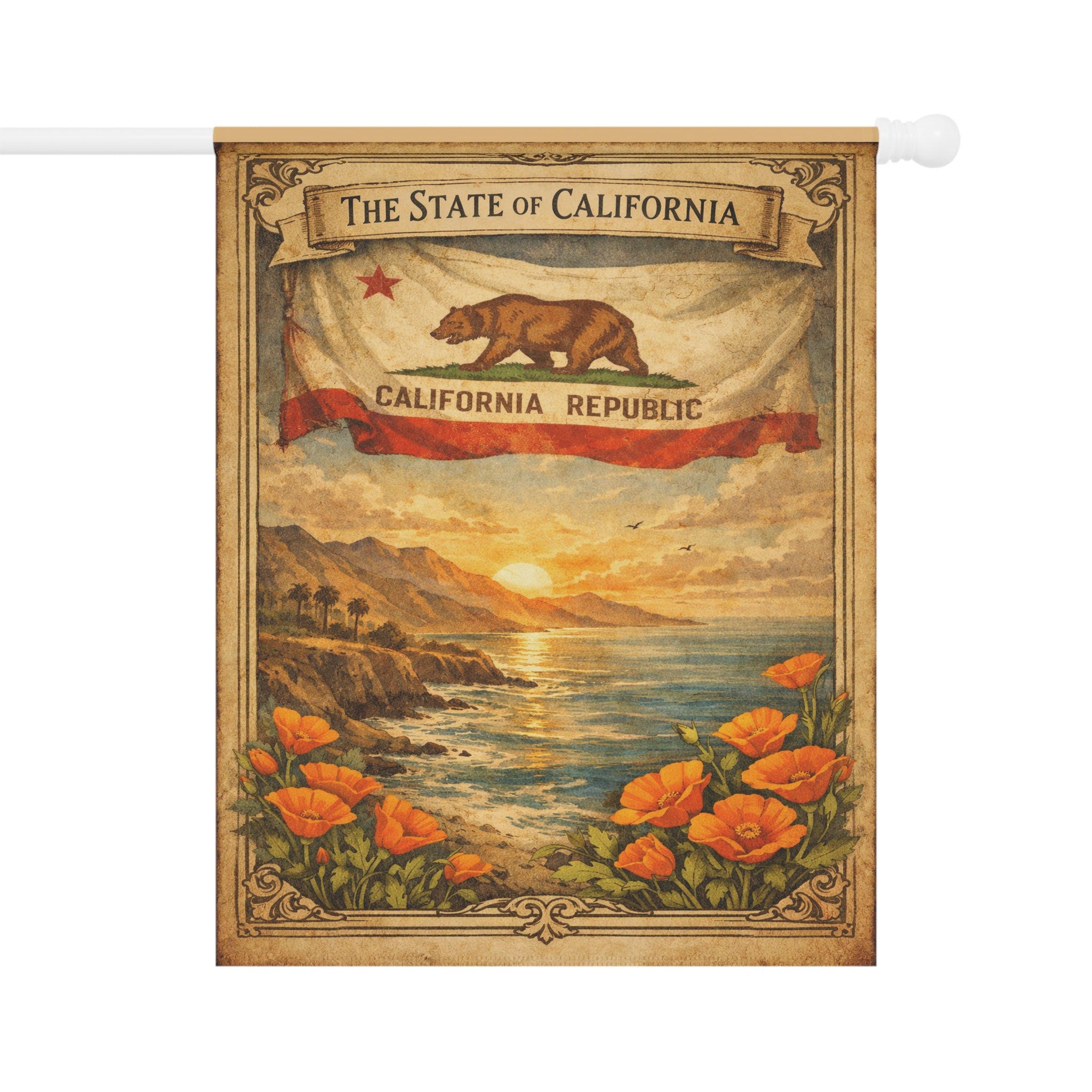 California Republic Sunset Poppy Garden Banner | California Flag Landscape Garden Banner