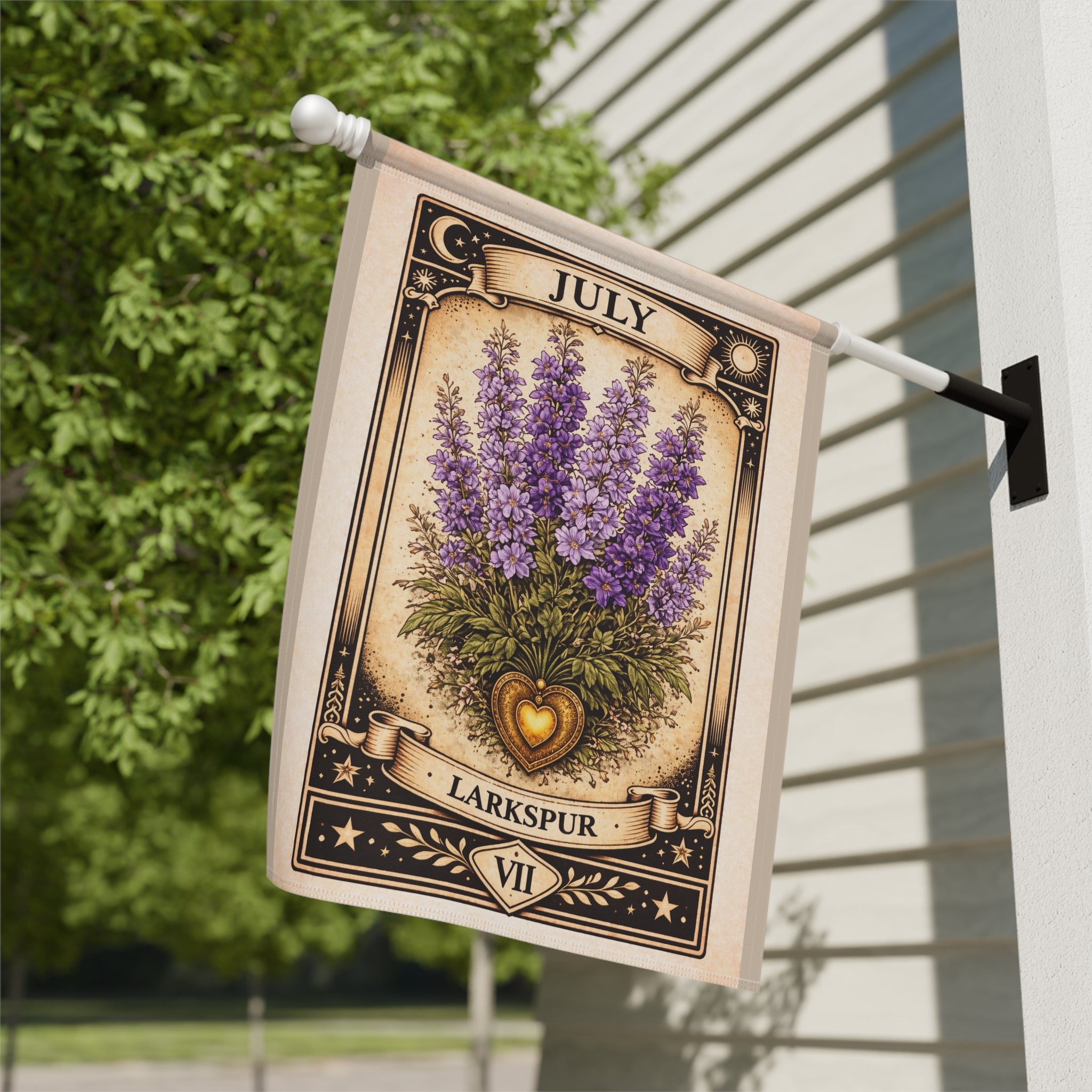 July Larkspur Garden Flag | Floral House Banner, Birth Month Botanical