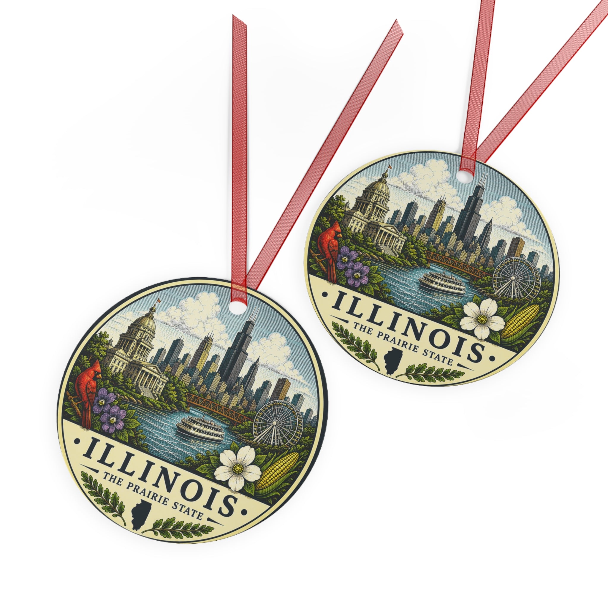 Illinois Skyline Ornament | Metal State Ornament, Chicago Riverboat & Cityscape