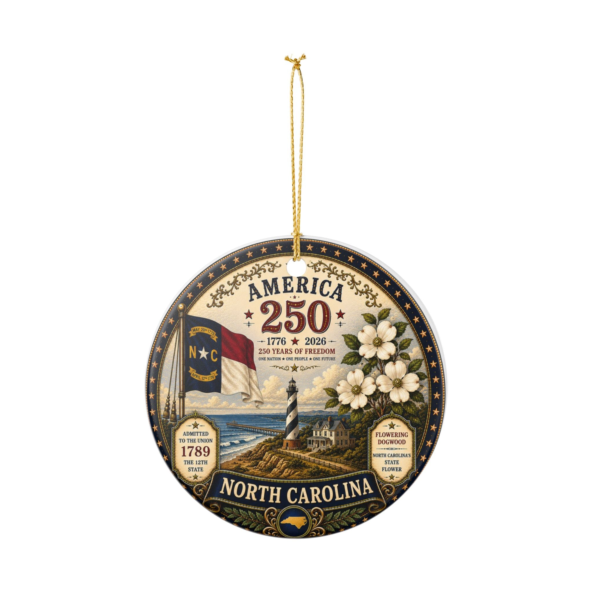 America 250 North Carolina Ceramic Ornament | Lighthouse, Dogwood, State Flag