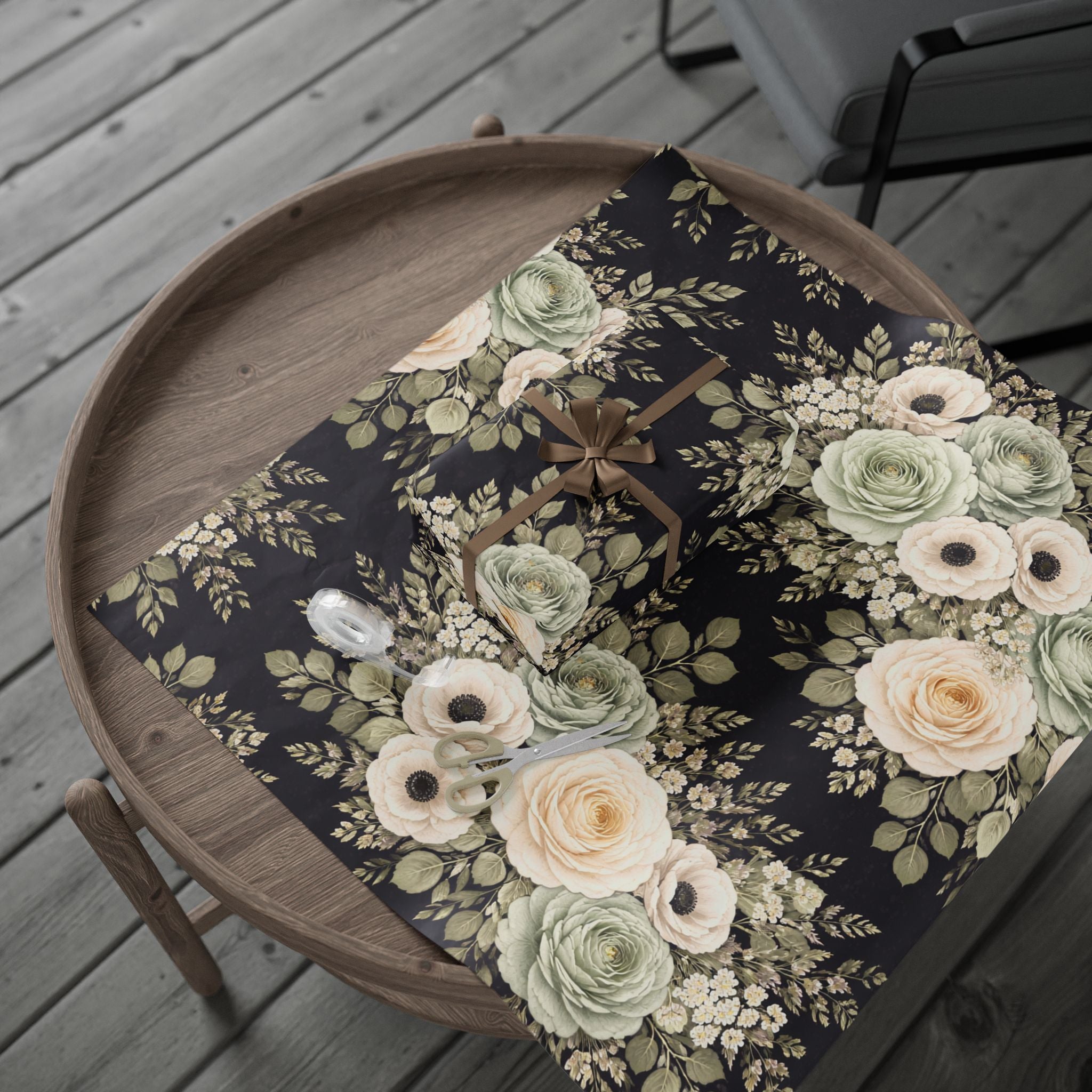 Vintage Cream Roses Wrapping Paper | Floral Gift Wrap, Black Background