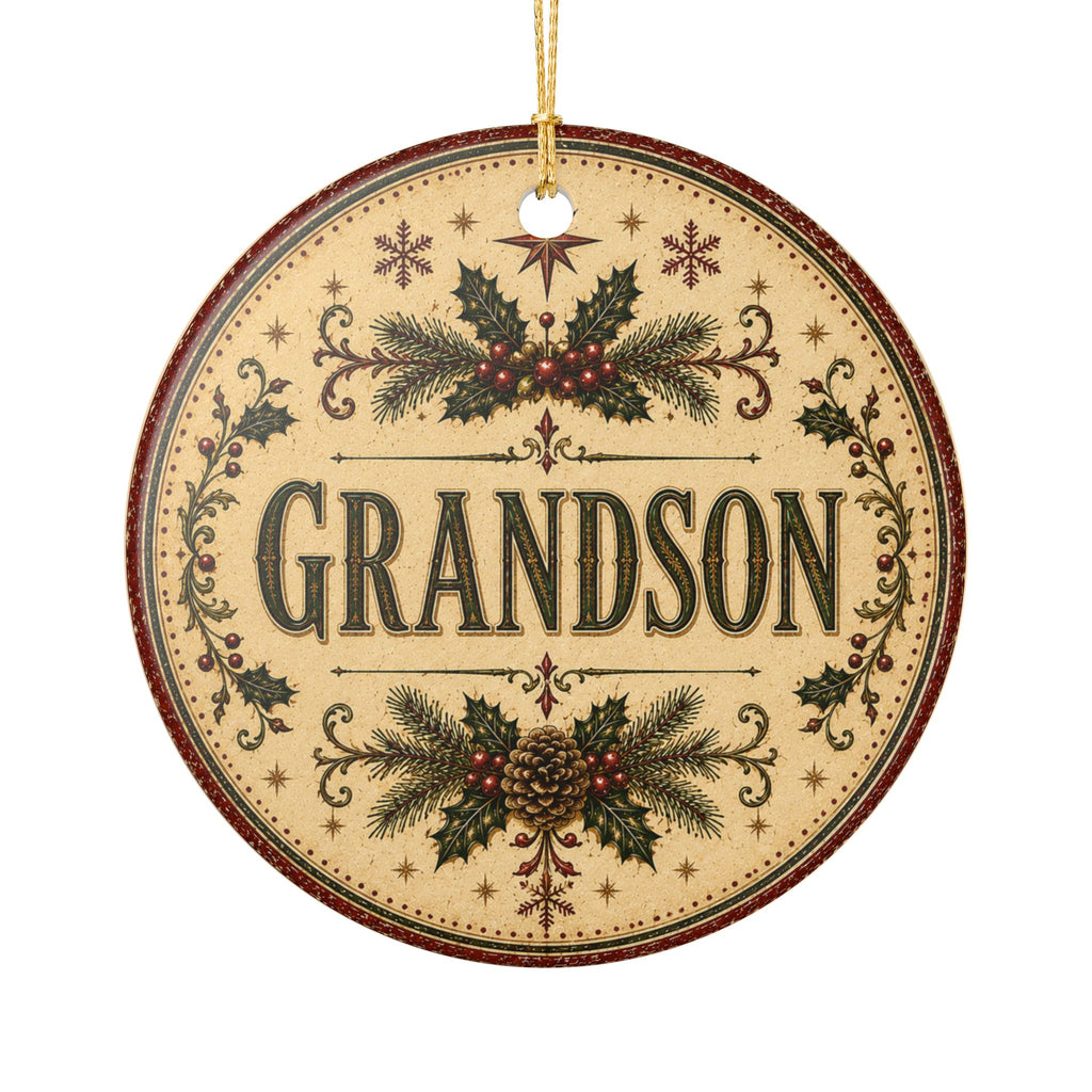 Grandson Christmas Ornament round ceramic ornament | vintage holly pinecone design