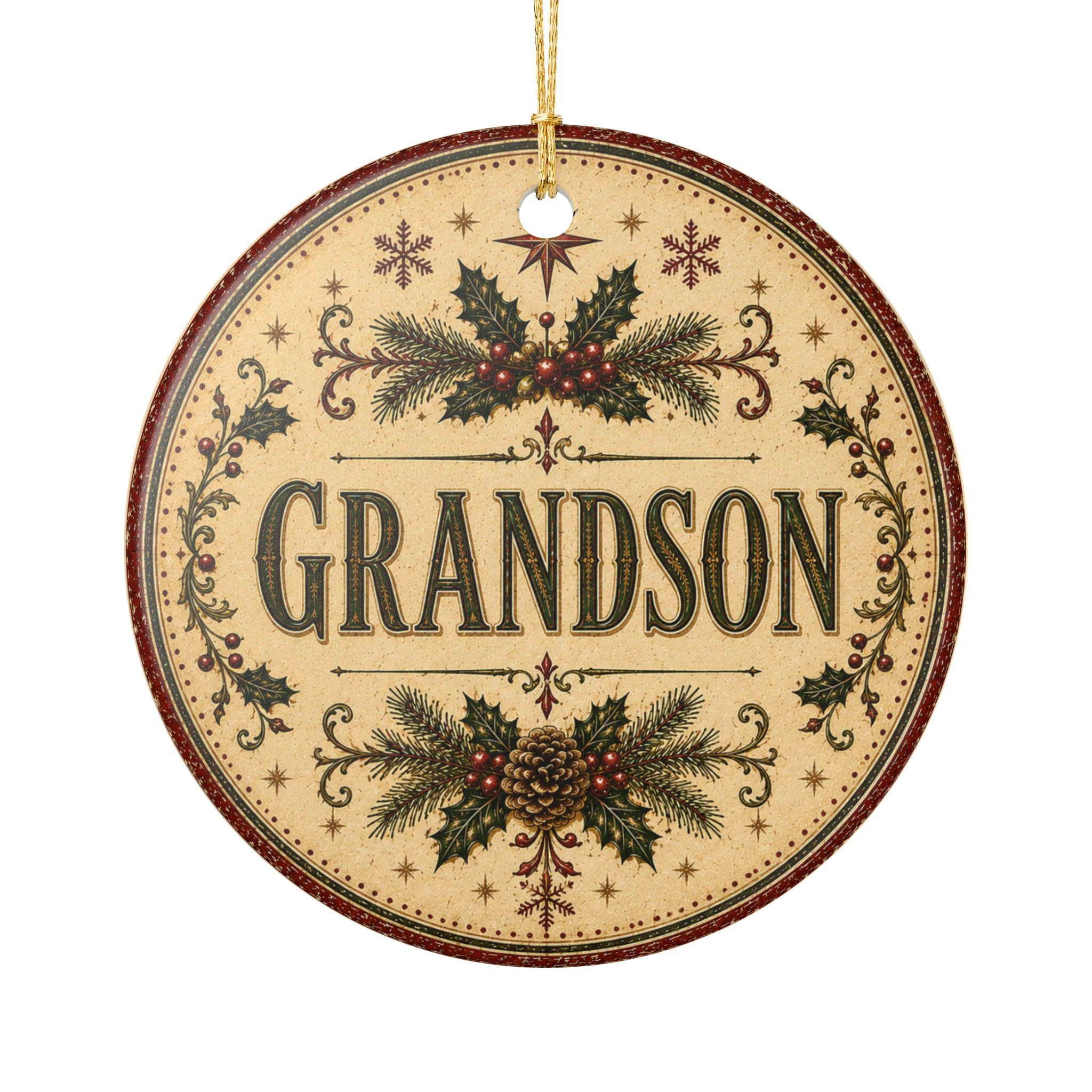 Grandson Christmas Ornament round ceramic ornament | vintage holly pinecone design