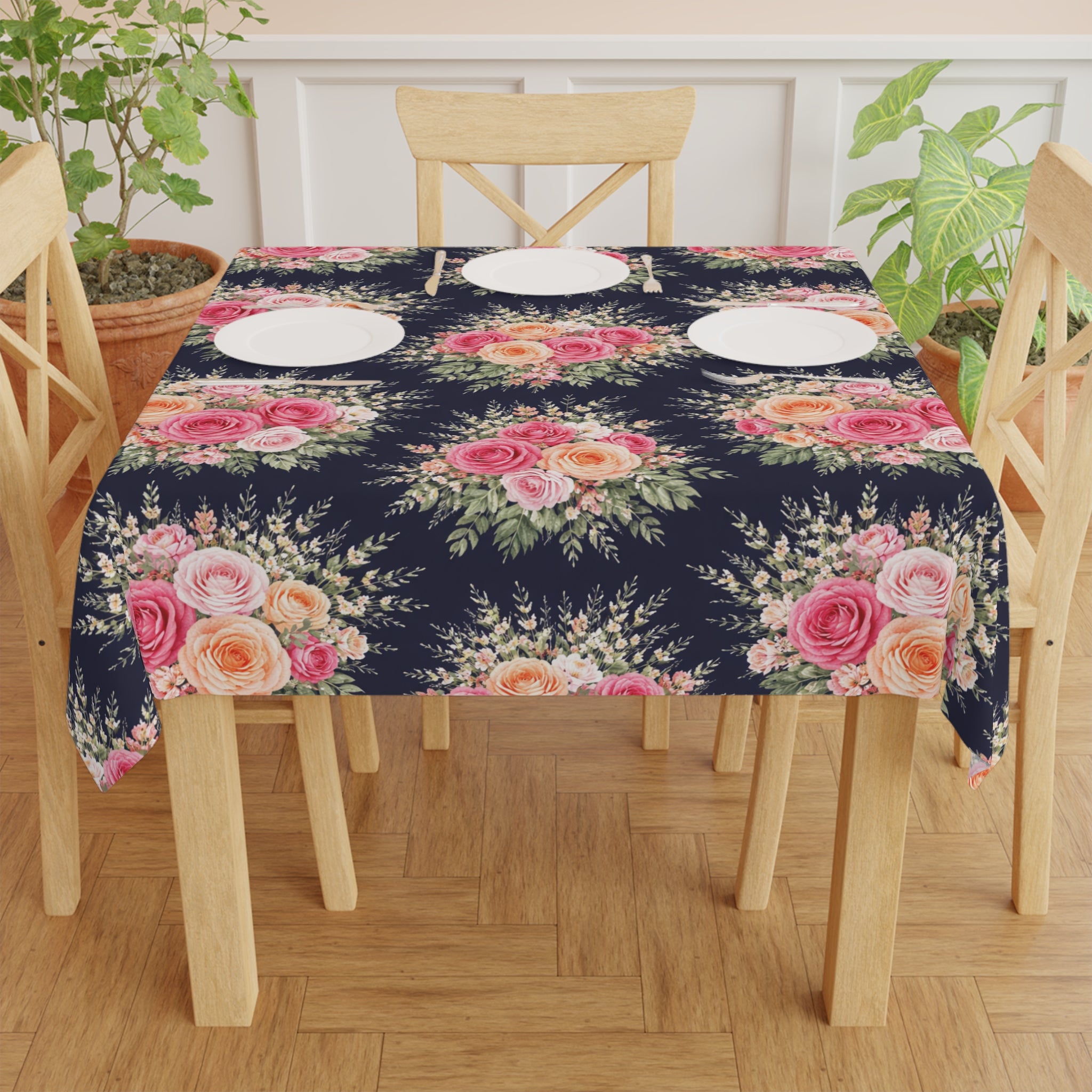 Vintage Rose Bouquet Tablecloth | Floral Table Linen, Navy Background