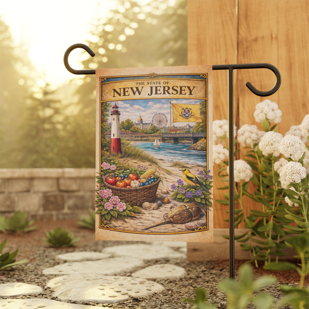 New Jersey Vintage Lighthouse Garden & House Banner | State Scene, Coastal Basket