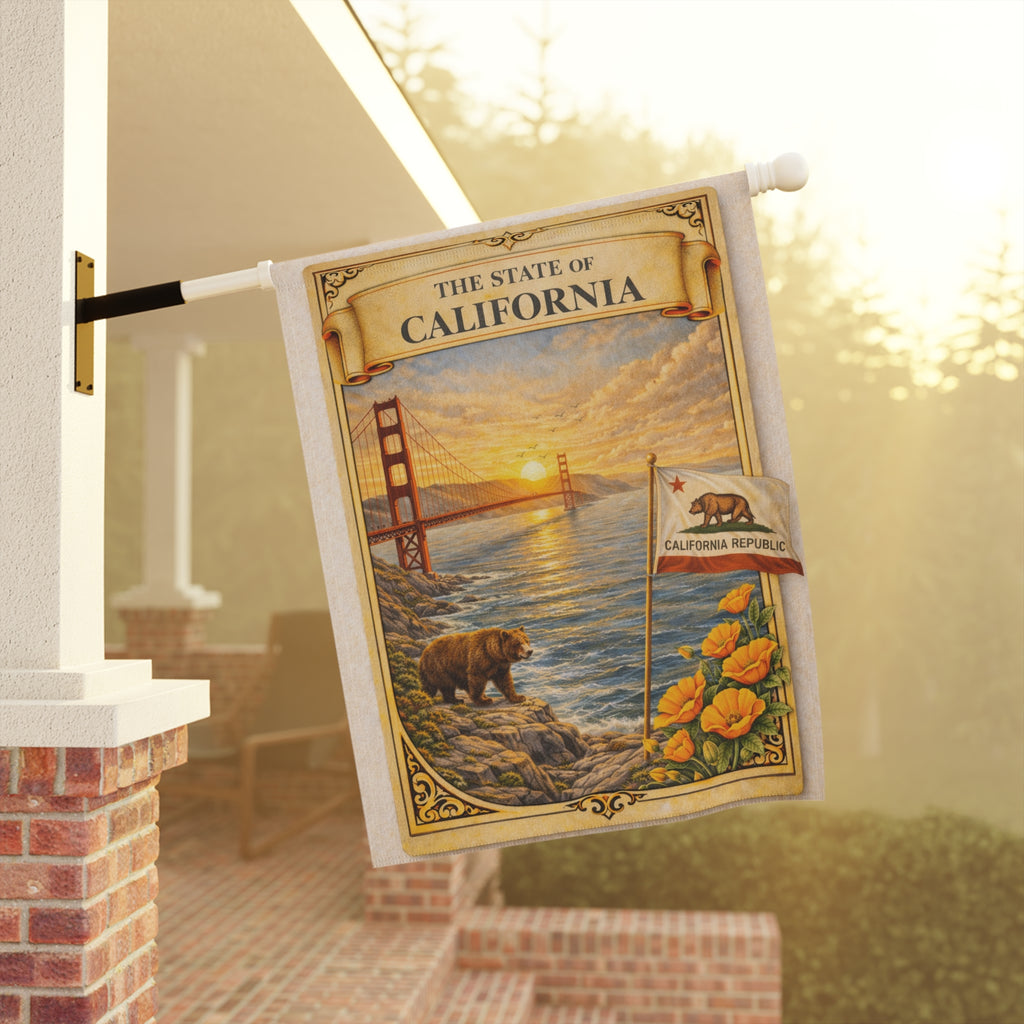 California State Scenic Poster Garden Flag | House Banner, Golden Gate, Bear & Poppies