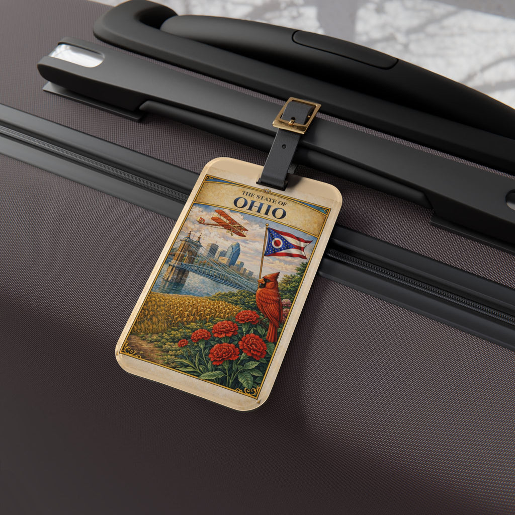 Ohio State Vintage Travel Luggage Tag | Cardinal, Skyline, State Flag