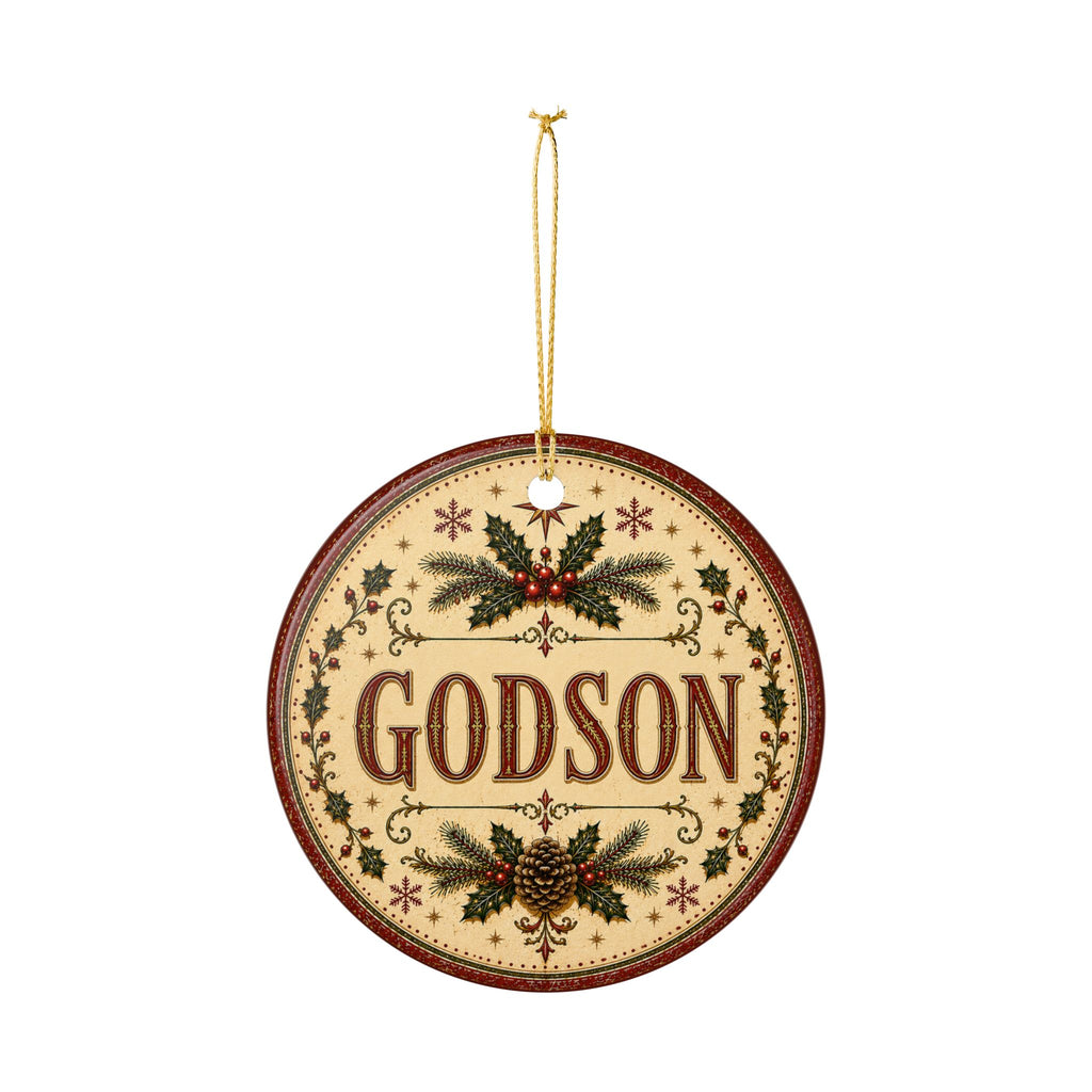 Godson Christmas Ornament | Ceramic Holiday Decoration, Pinecone Holly Design