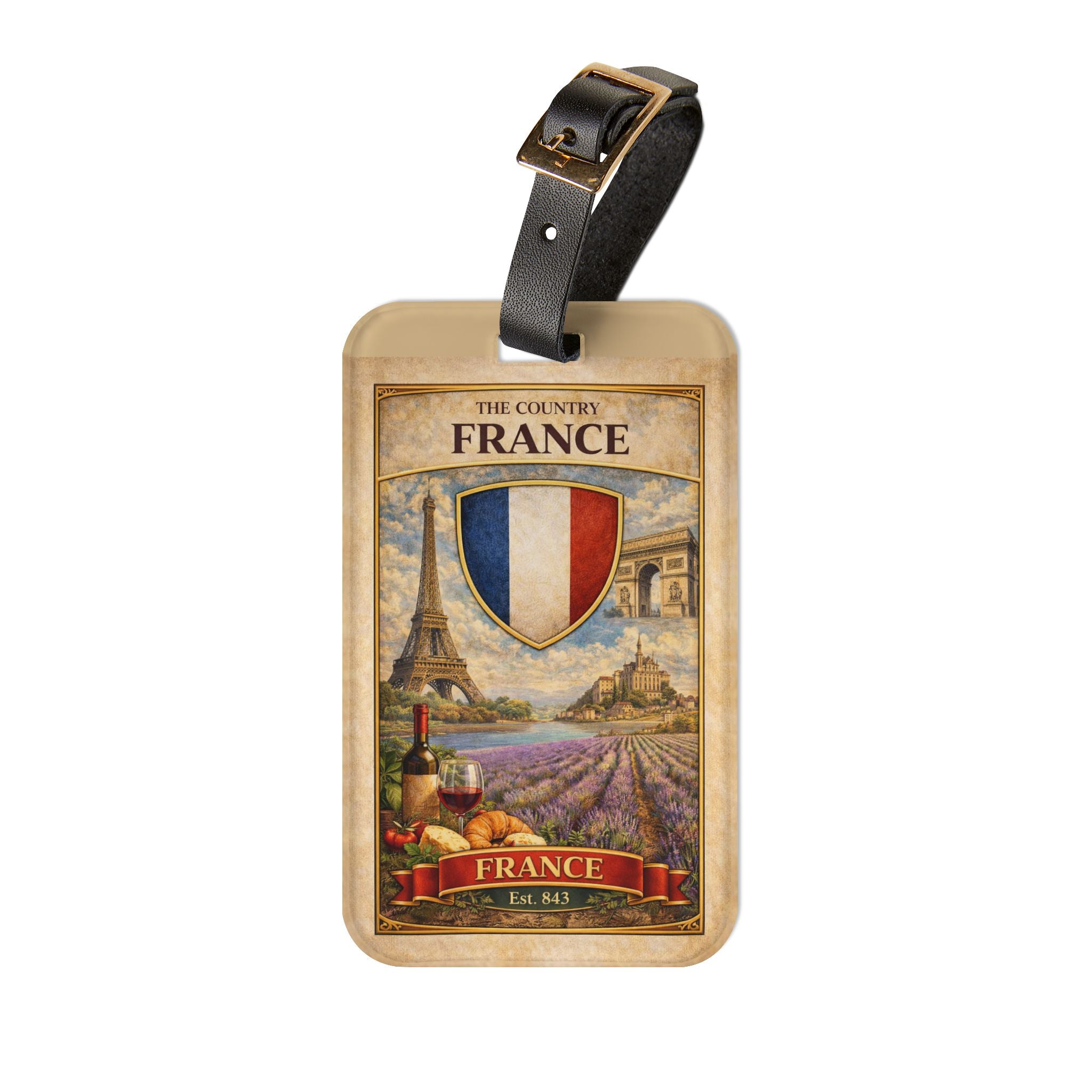 France Vintage Crest Luggage Tag | Eiffel Tower Lavender Fields