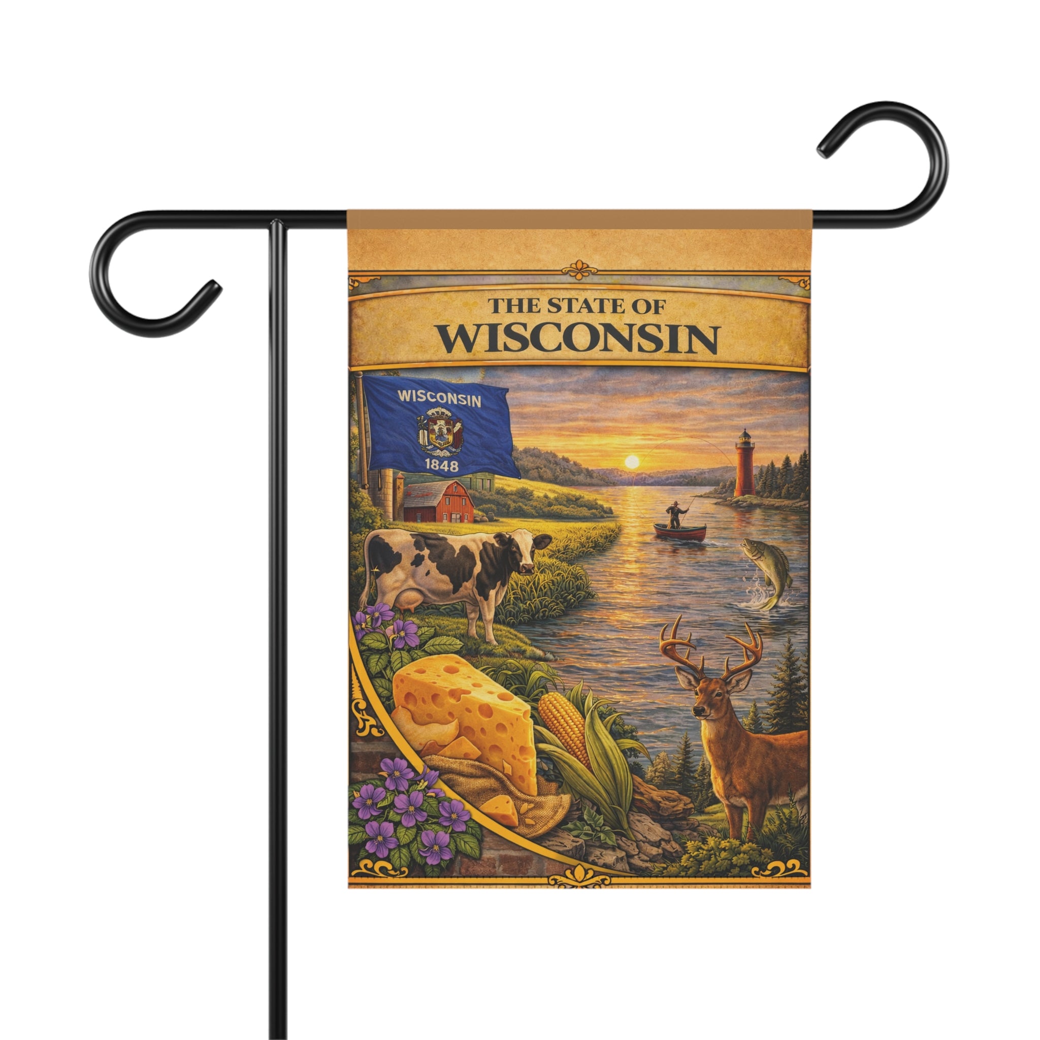 The State of Wisconsin Garden Banner | Flag, Lake Scene, Cow & Deer
