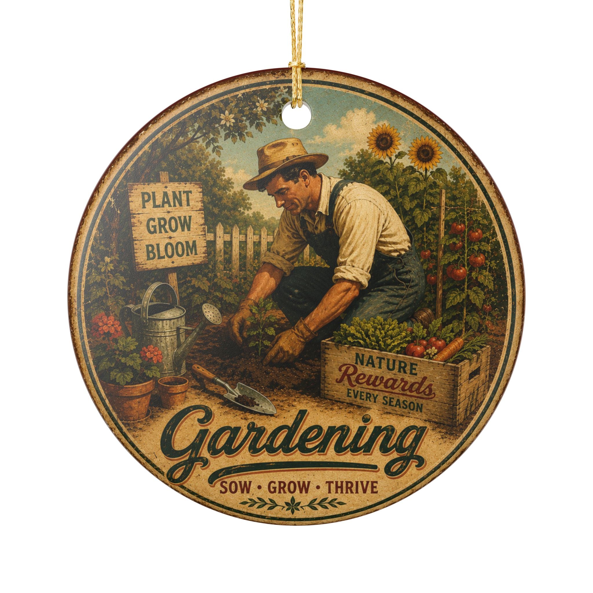 Gardening Vintage Farmer Illustration Ornament | Ceramic Garden Decor