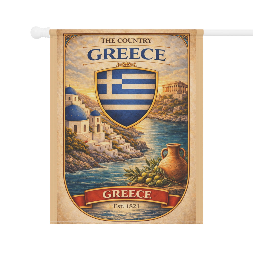 Greece Coastal Crest garden flag | Greece house banner, Mediterranean village design