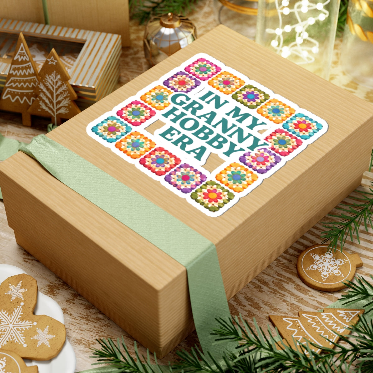 In My Granny Hobby Era Kiss-Cut Sticker | Crochet Granny Square Design