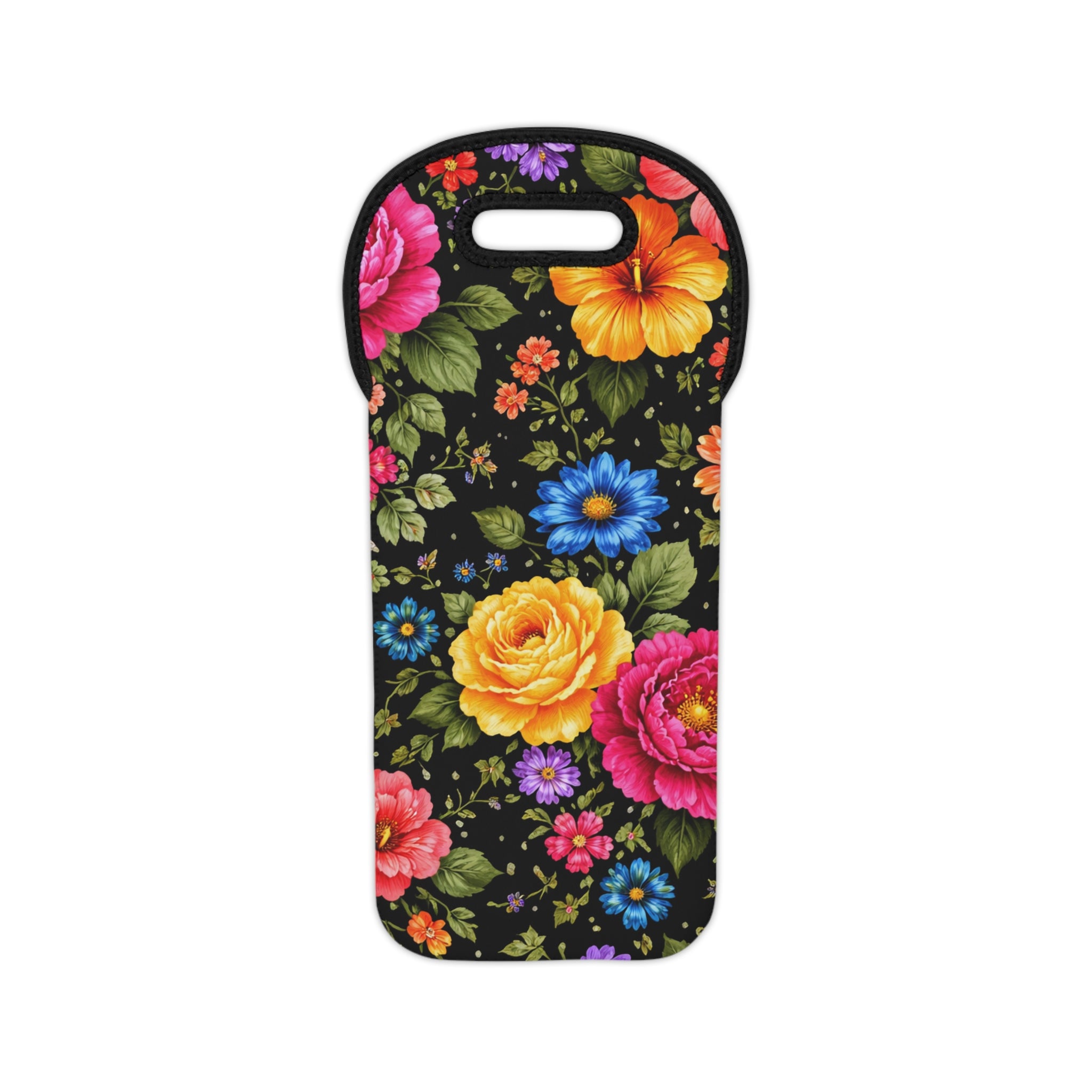 Vintage Floral Pattern Wine Tote | Colorful Roses on Black