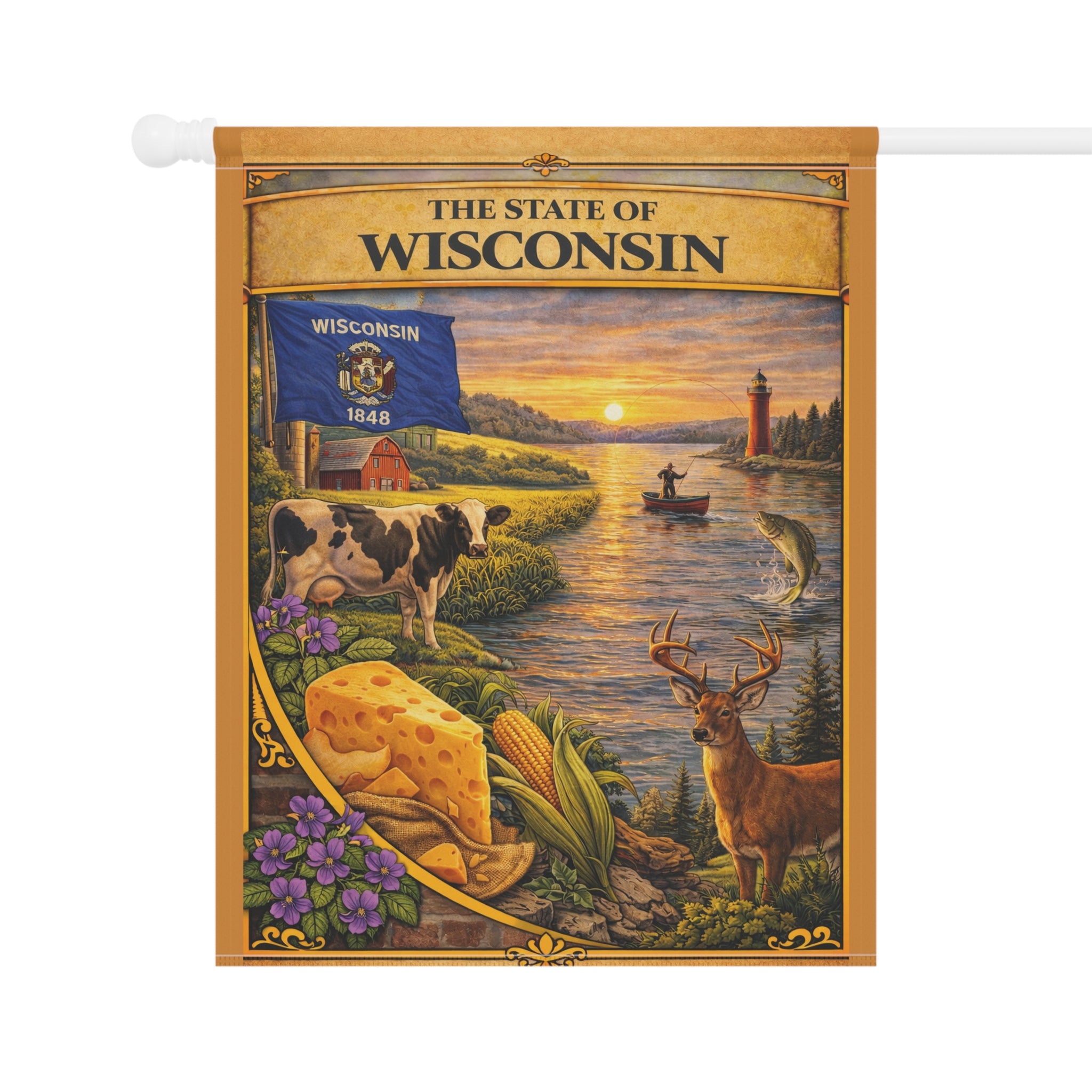 The State of Wisconsin Garden Banner | Flag, Lake Scene, Cow & Deer
