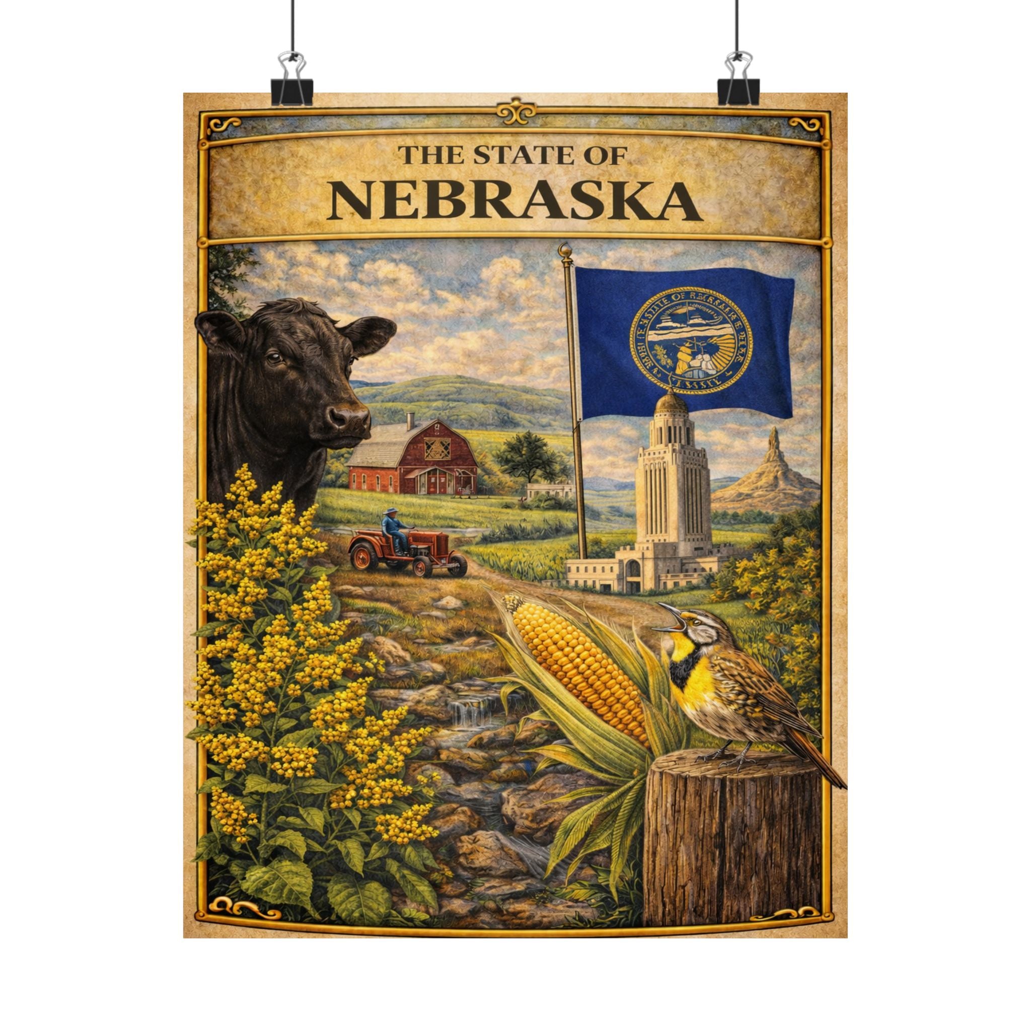 Nebraska State Vintage Illustration Matte Poster | State Flag, Corn & Prairie