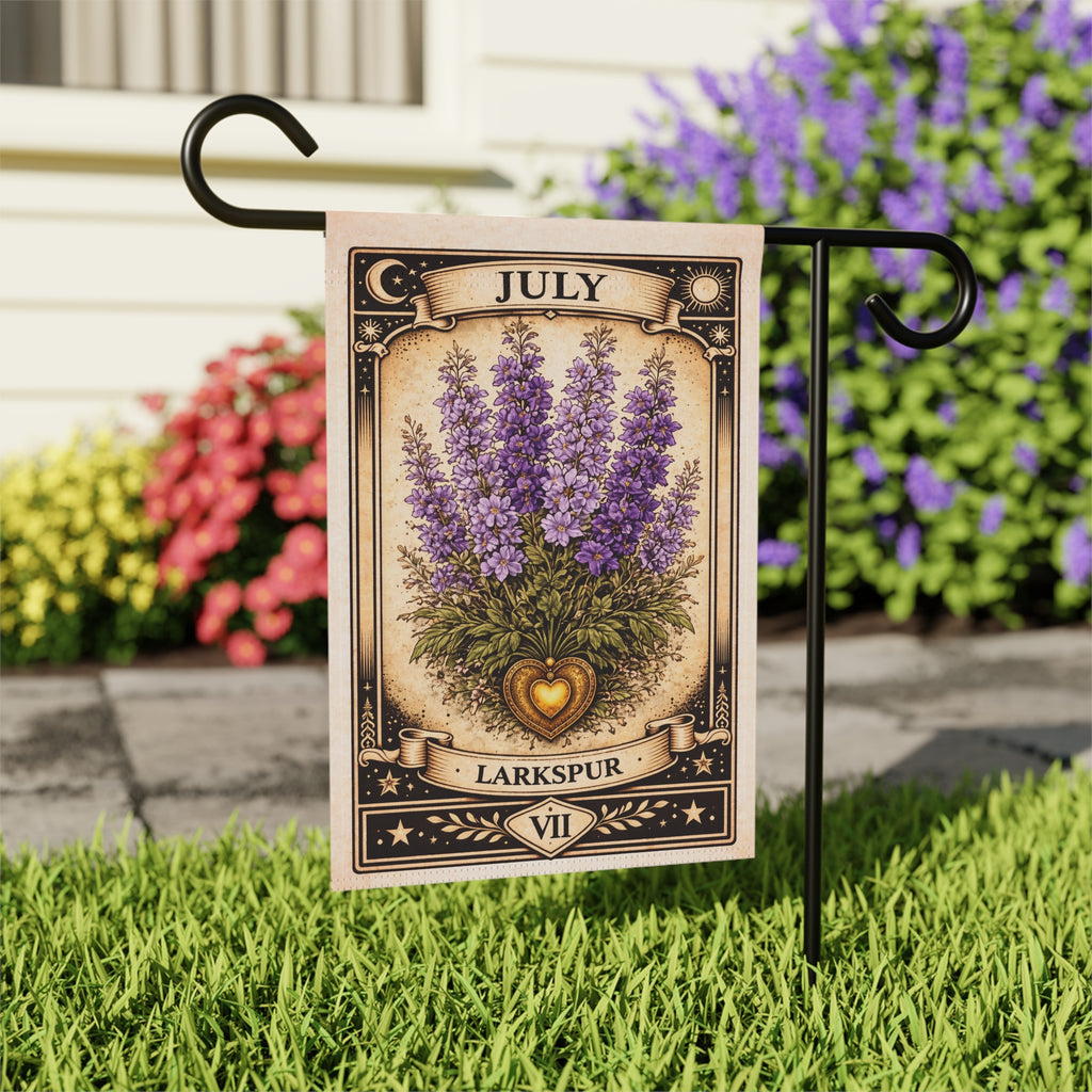 July Larkspur Garden Flag | Floral House Banner, Birth Month Botanical