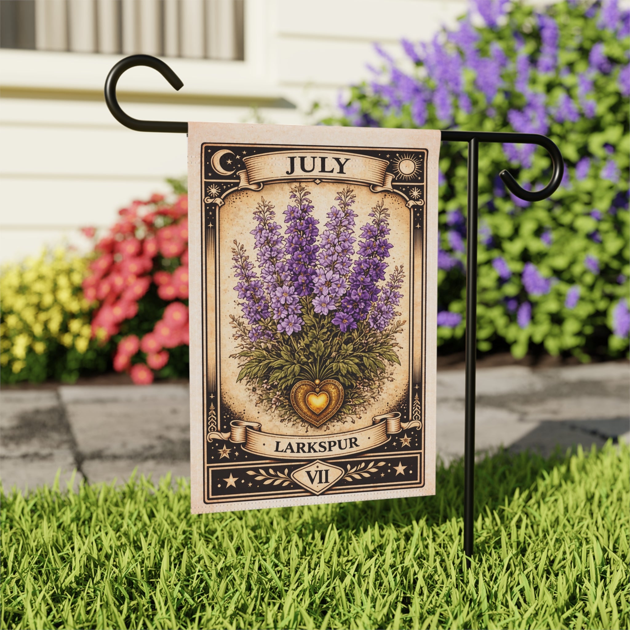 July Larkspur Garden Flag | Floral House Banner, Birth Month Botanical
