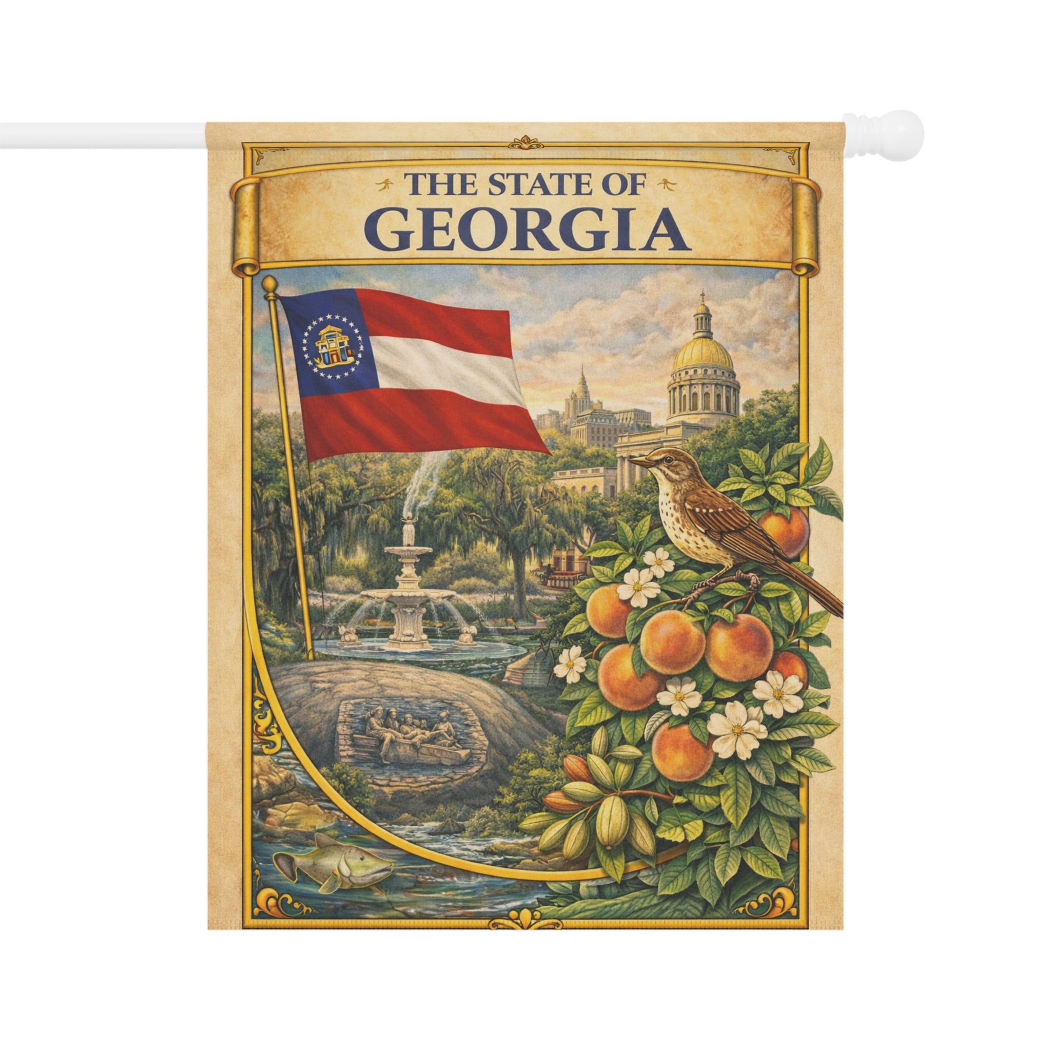 The State of Georgia Vintage Flag Garden & House Banner | Peach, Capitol, Mockingbird