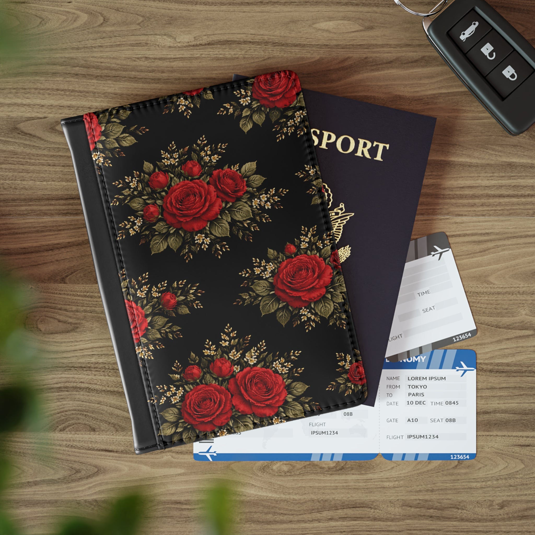 Red Rose Bouquet Passport Cover | Vintage Floral Pattern, Black Background