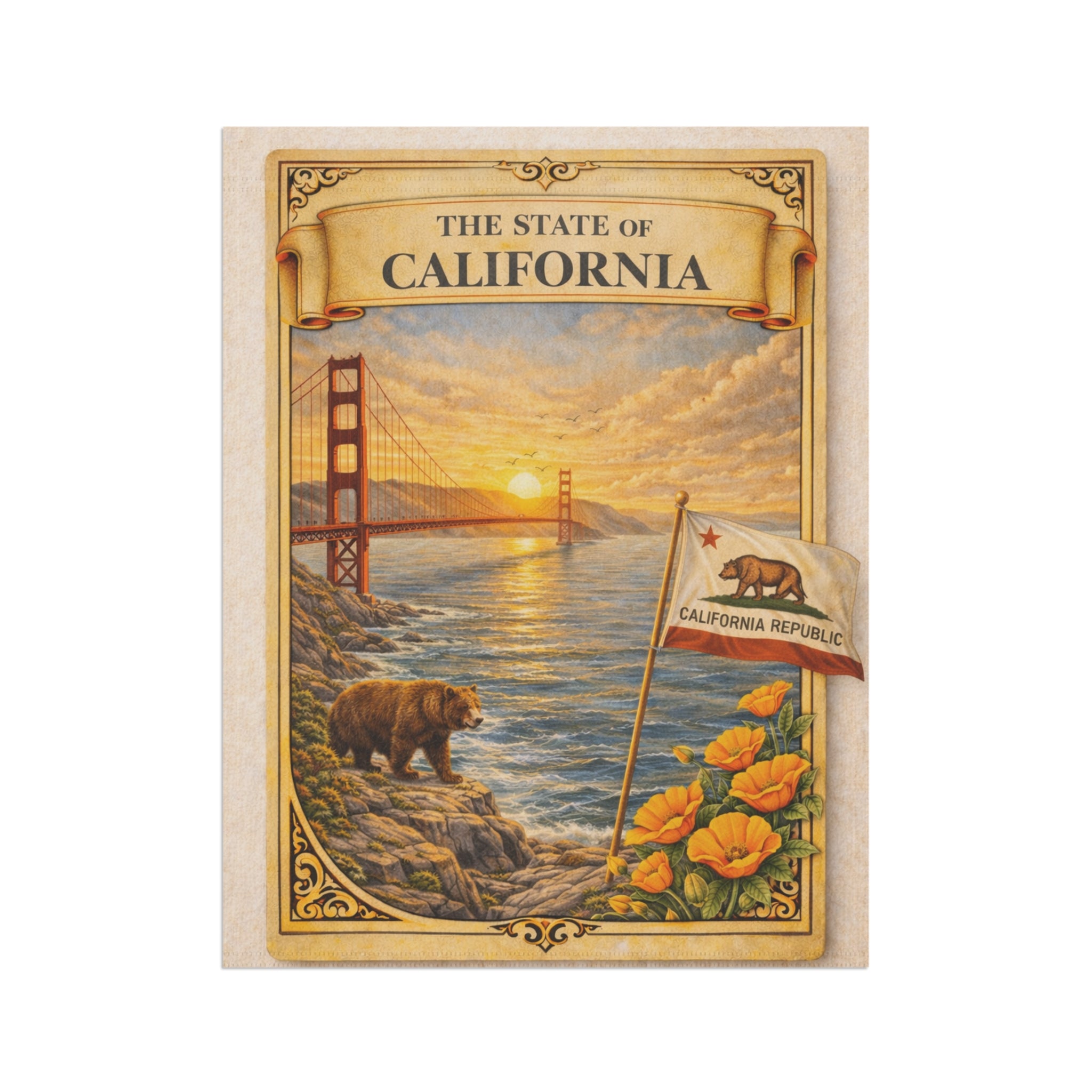 California State Scenic Poster Garden Flag | House Banner, Golden Gate, Bear & Poppies