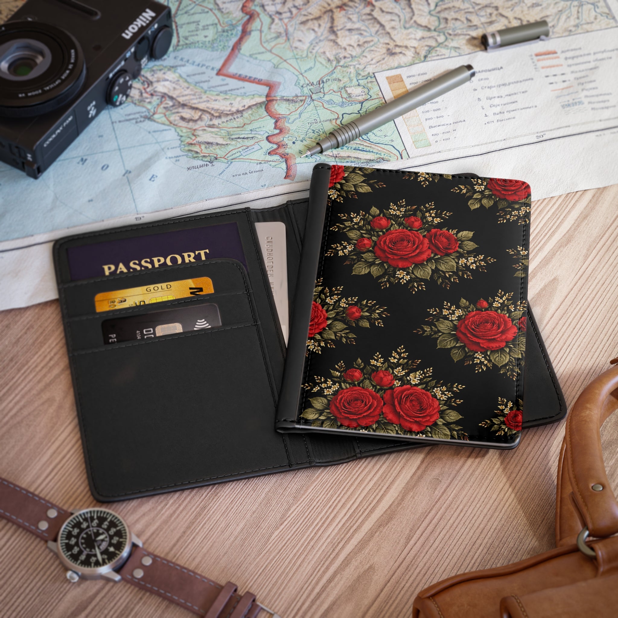 Red Rose Bouquet Passport Cover | Vintage Floral Pattern, Black Background