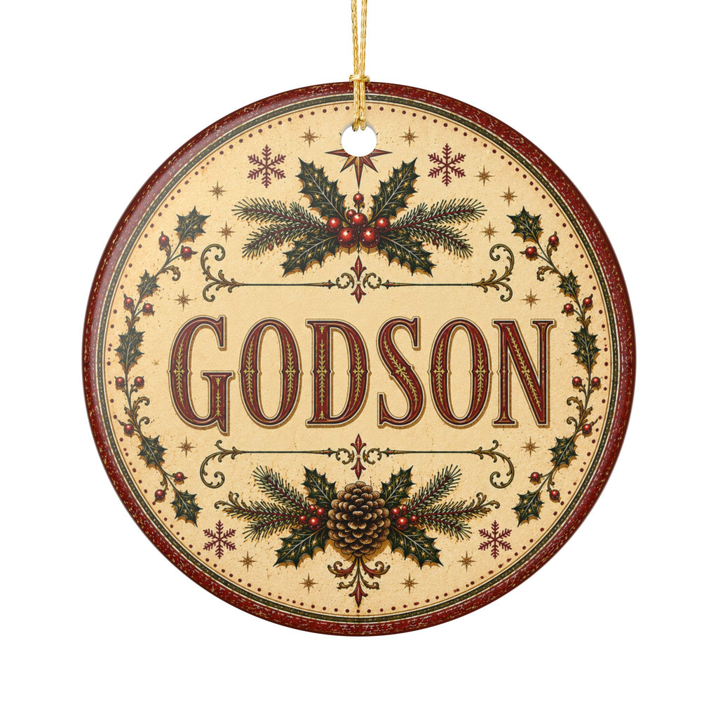 Godson Christmas Ornament | Ceramic Holiday Decoration, Pinecone Holly Design
