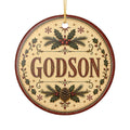 Godson Christmas Ornament | Ceramic Holiday Decoration, Pinecone Holly Design