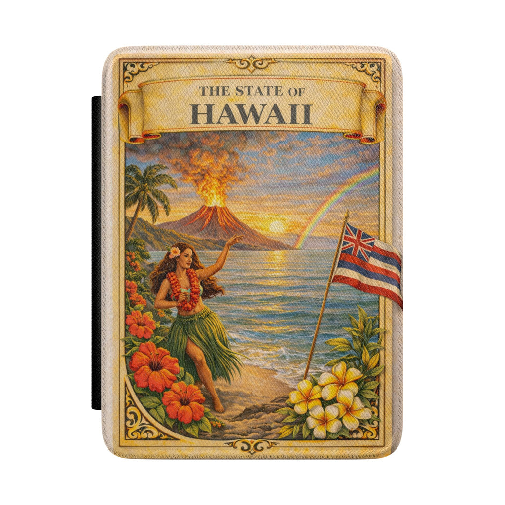 The State of Hawaii Vintage Poster Kindle Case | Volcano Hula Girl Aloha Design